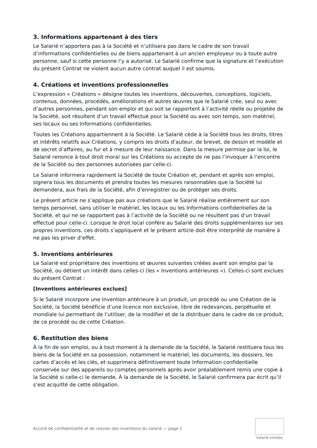 Accord de confidentialité et de cession des inventions du salarié — page 2 sur 3