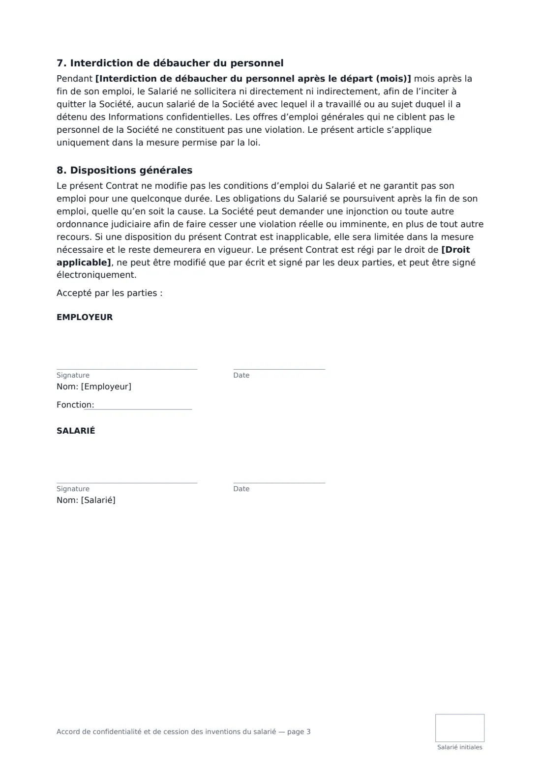 Accord de confidentialité et de cession des inventions du salarié — page 3 sur 3