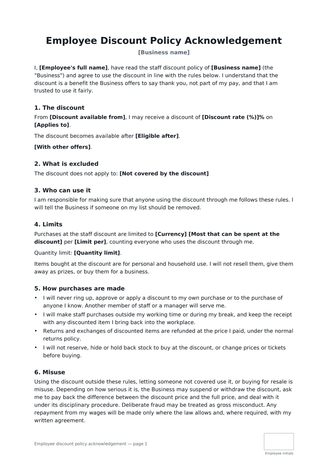 Employee discount policy acknowledgement — page 1 of 2