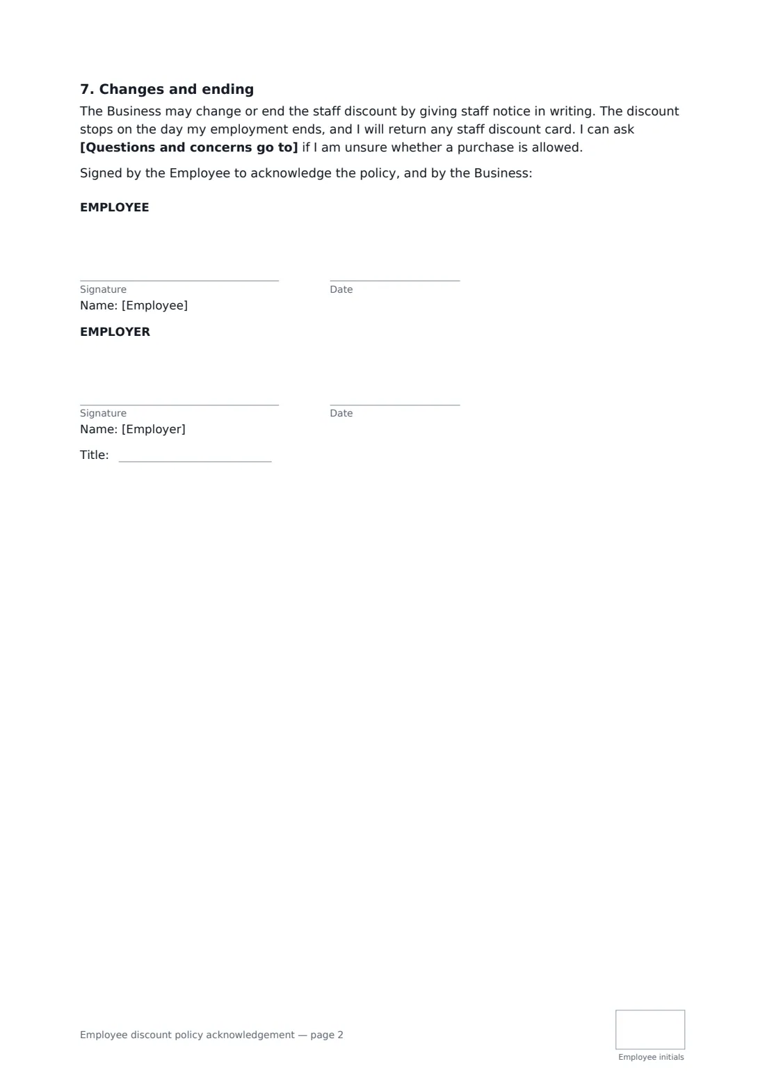 Employee discount policy acknowledgement — page 2 of 2