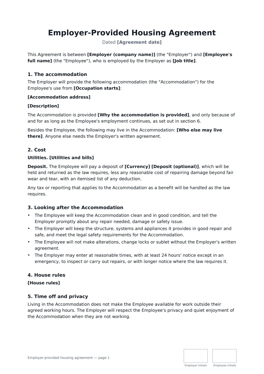 Employer-provided housing agreement — page 1 of 2