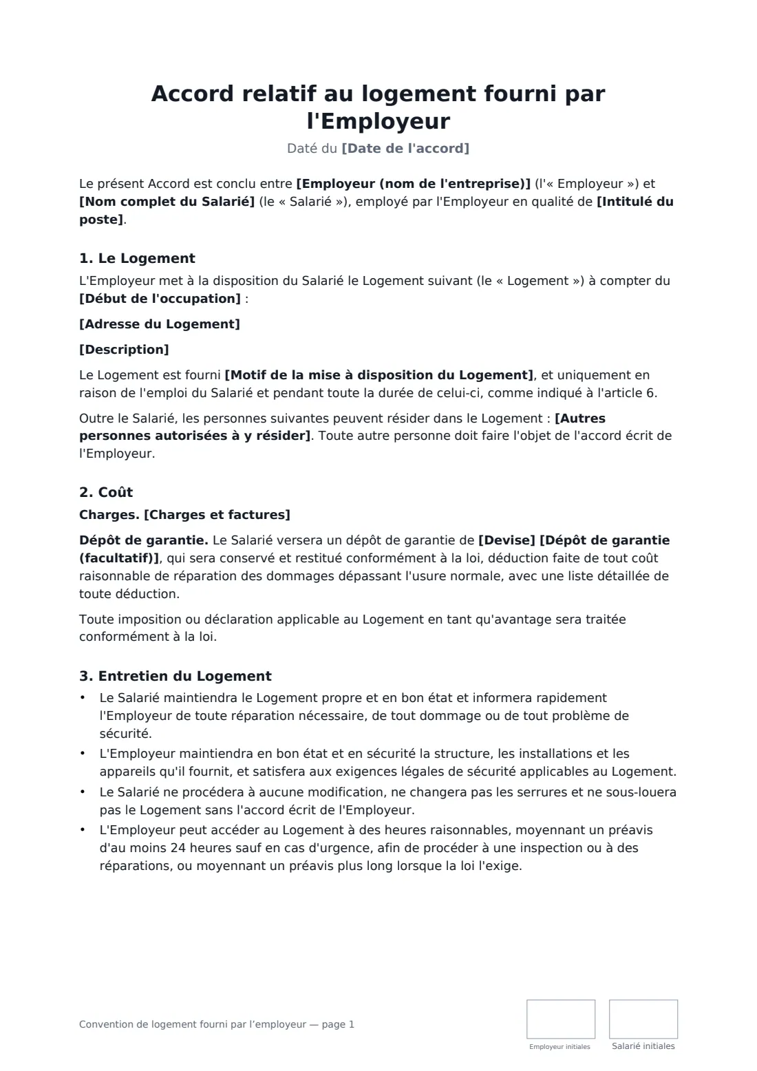 Convention de logement fourni par l’employeur — page 1 sur 2