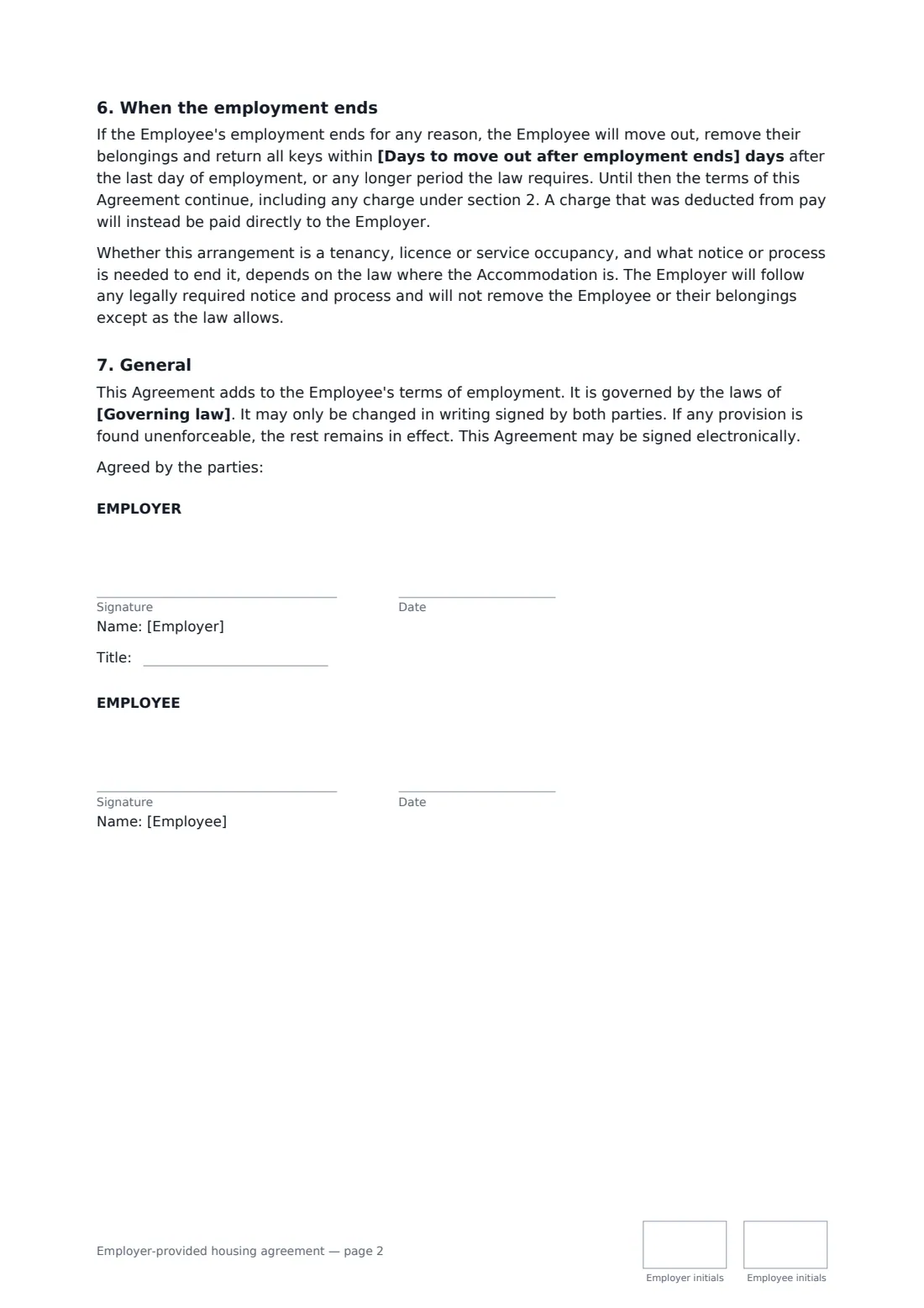 Employer-provided housing agreement — page 2 of 2