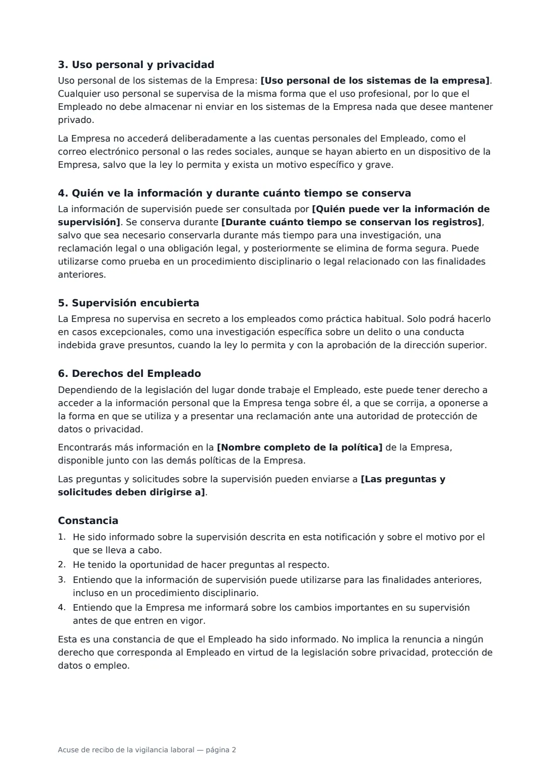 Acuse de recibo de la vigilancia laboral: página 2 de 3