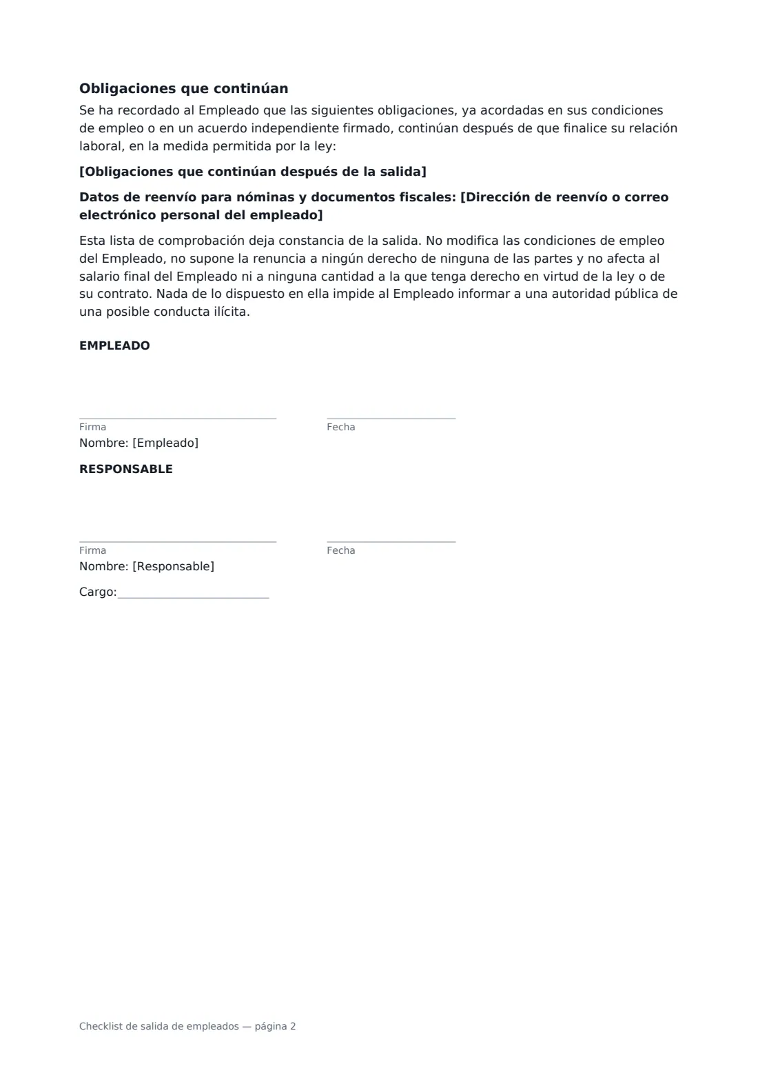 Checklist de salida de empleados: página 2 de 2