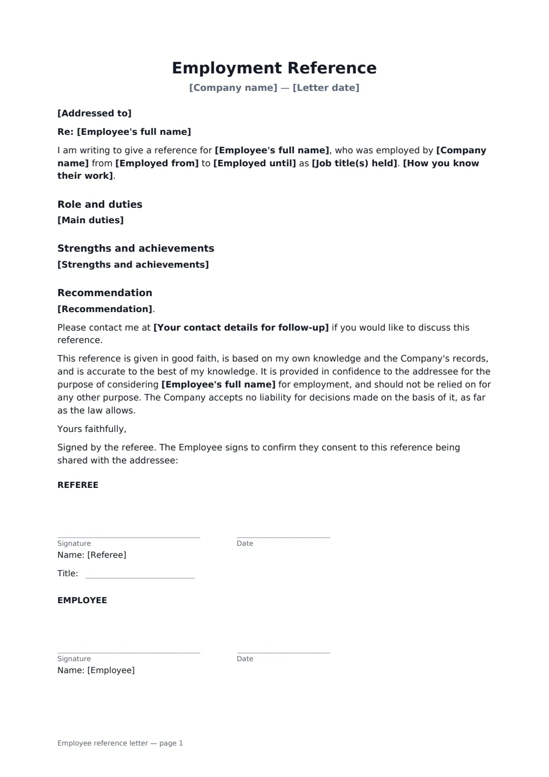 Employee reference letter — page 1 of 1