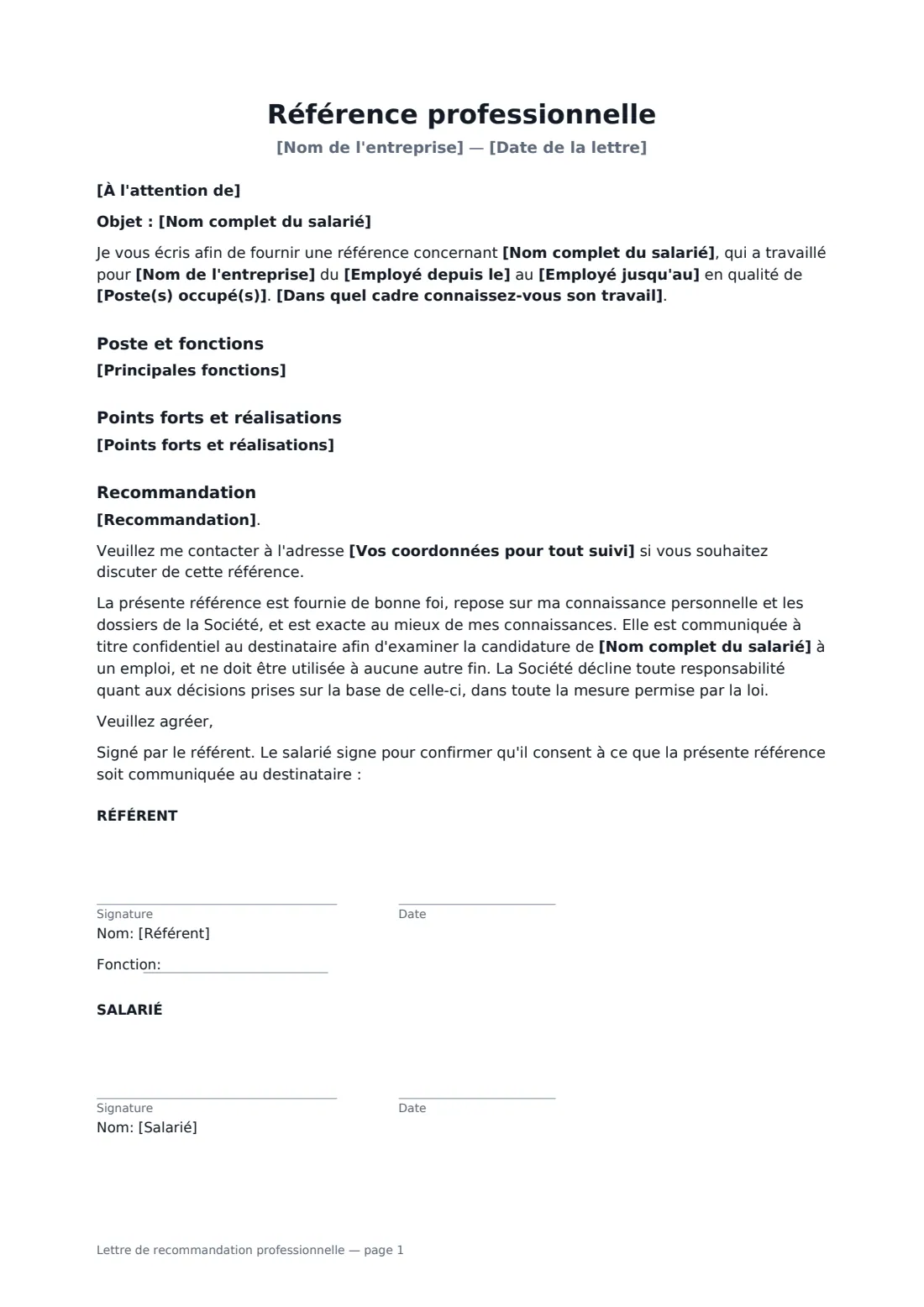 Lettre de recommandation professionnelle — page 1 sur 1