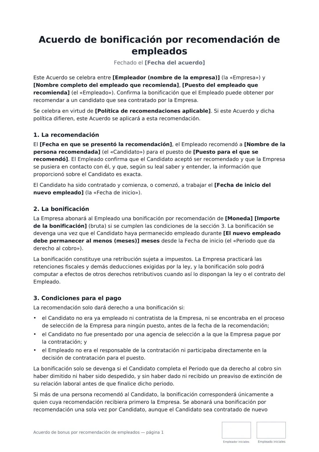 Acuerdo de bonus por recomendación de empleados: página 1 de 2