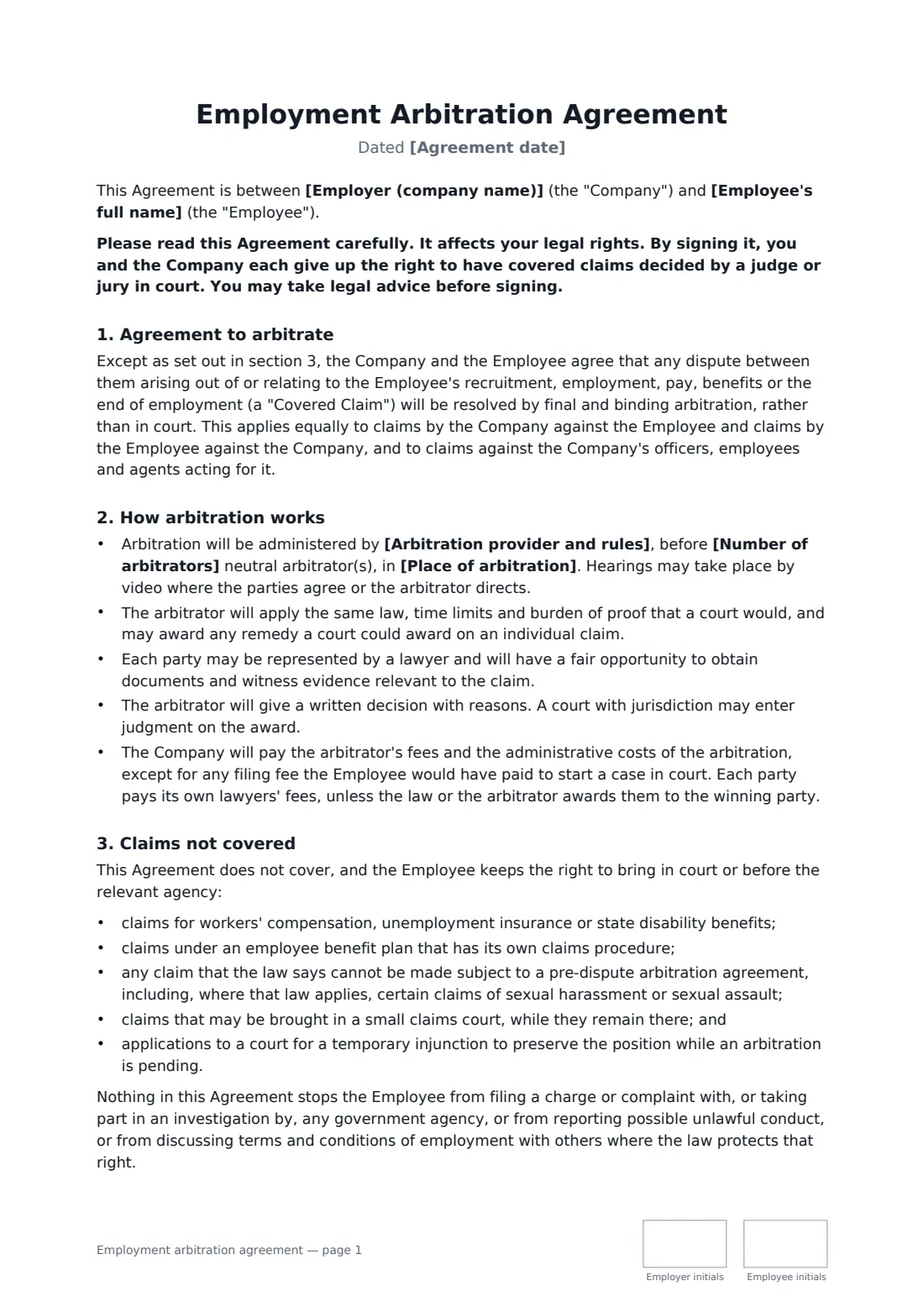 Employment arbitration agreement — page 1 of 2