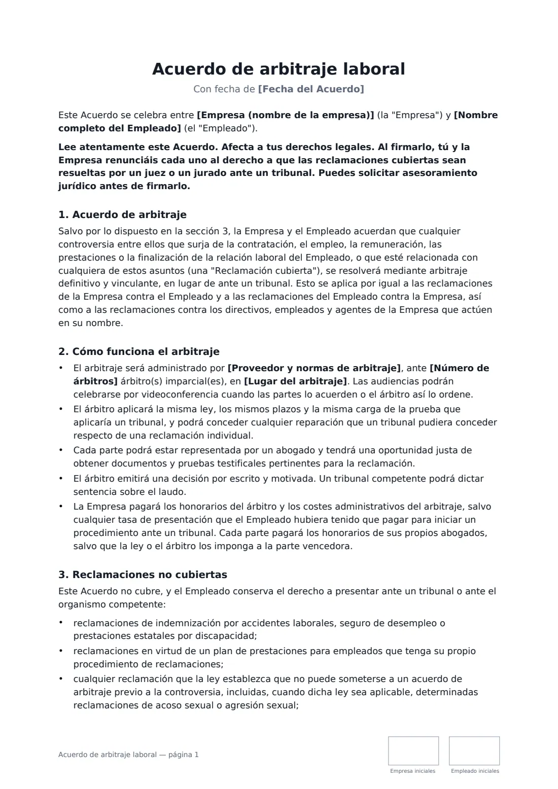 Acuerdo de arbitraje laboral: página 1 de 2