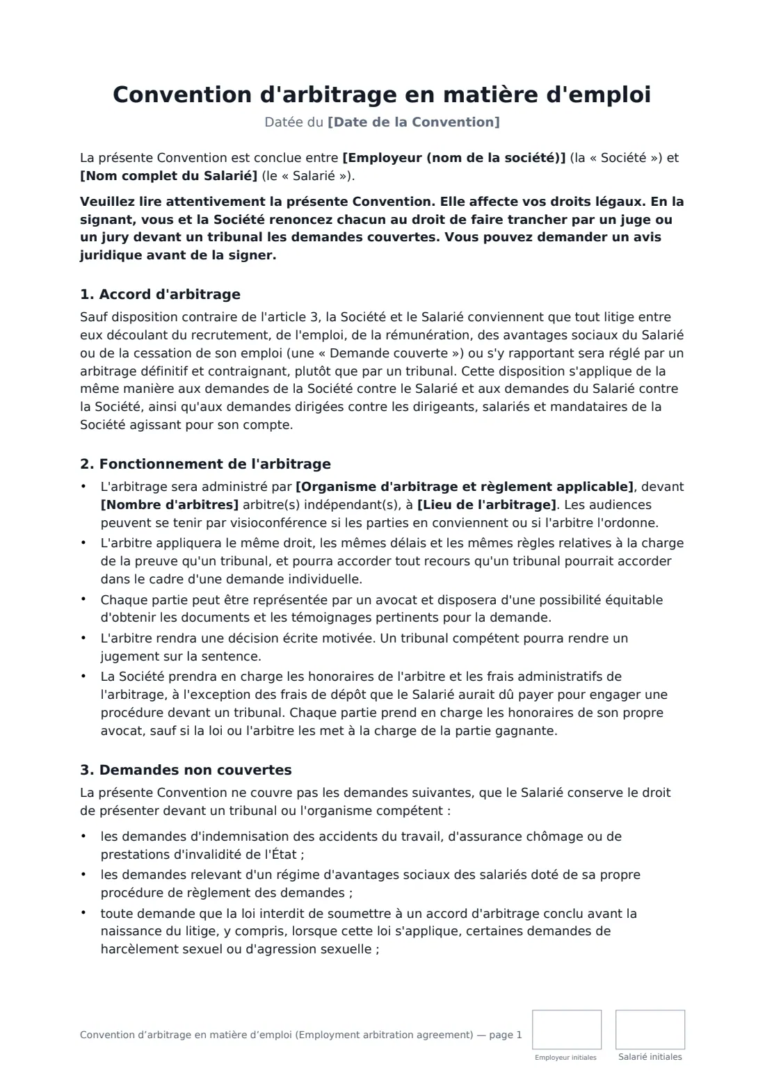 Convention d’arbitrage en matière d’emploi (Employment arbitration agreement) — page 1 sur 2