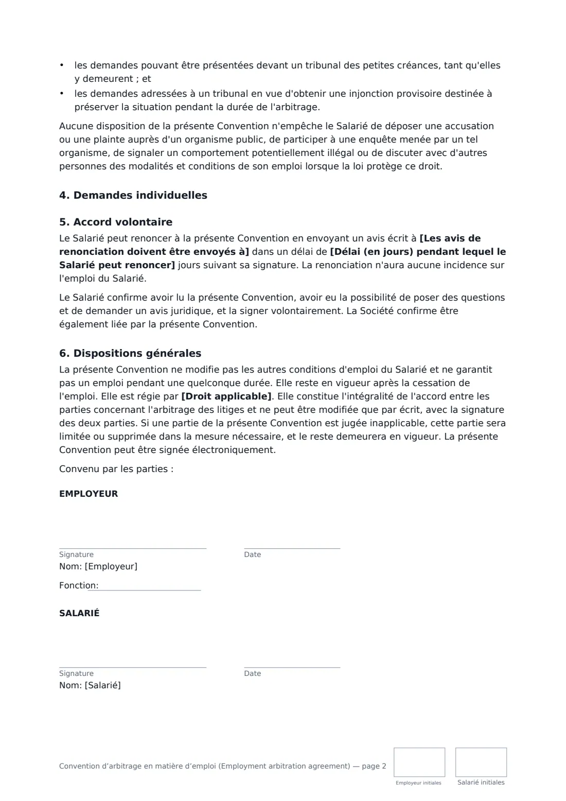 Convention d’arbitrage en matière d’emploi (Employment arbitration agreement) — page 2 sur 2