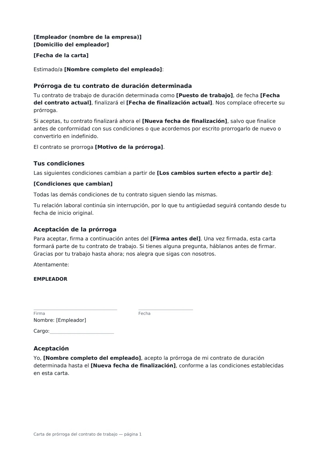 Carta de prórroga del contrato de trabajo: página 1 de 2