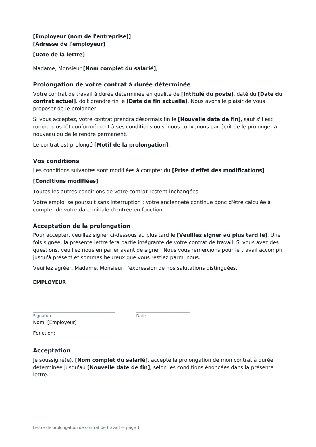 Lettre de prolongation de contrat de travail — page 1 sur 2
