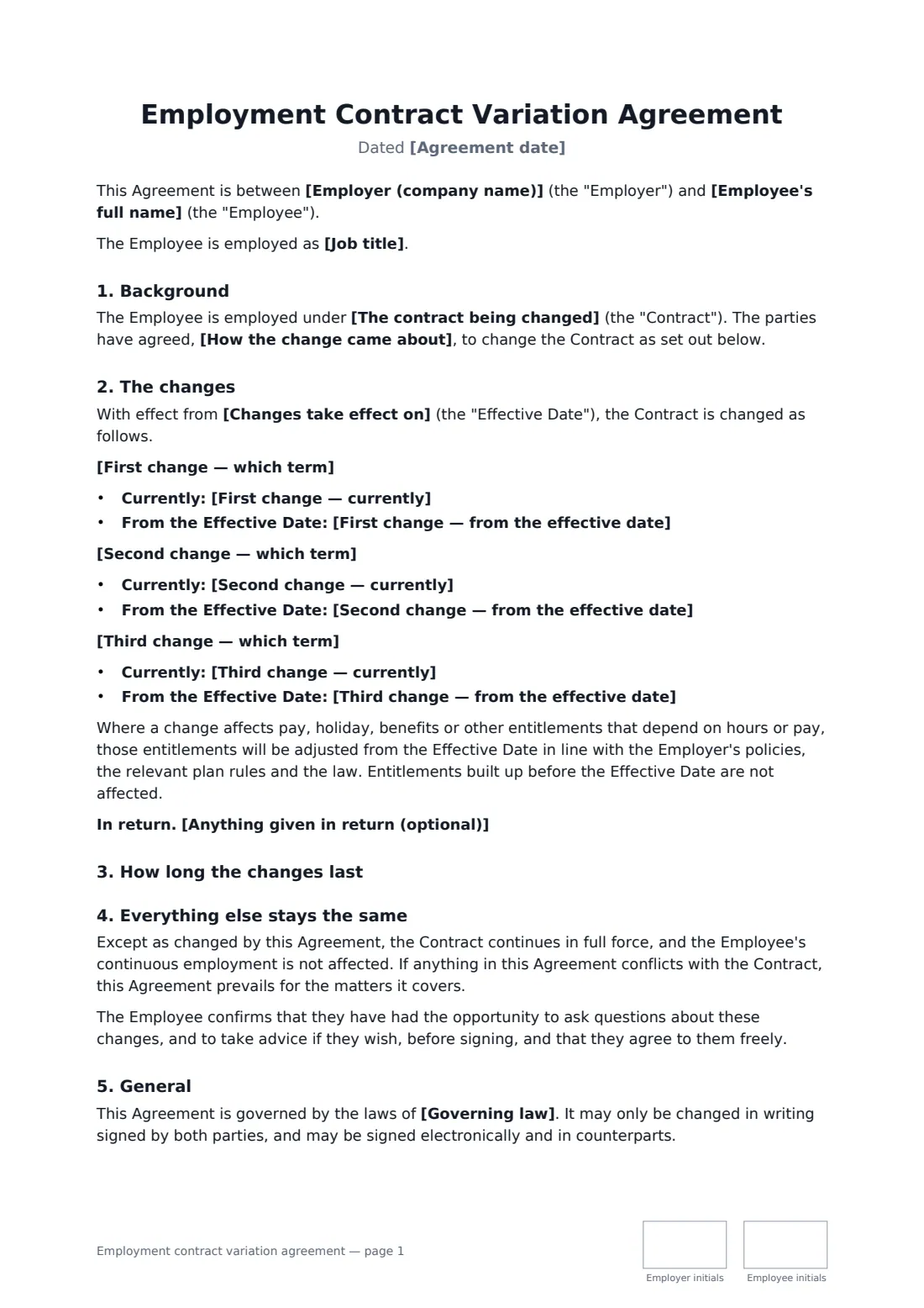 Employment contract variation agreement — page 1 of 2