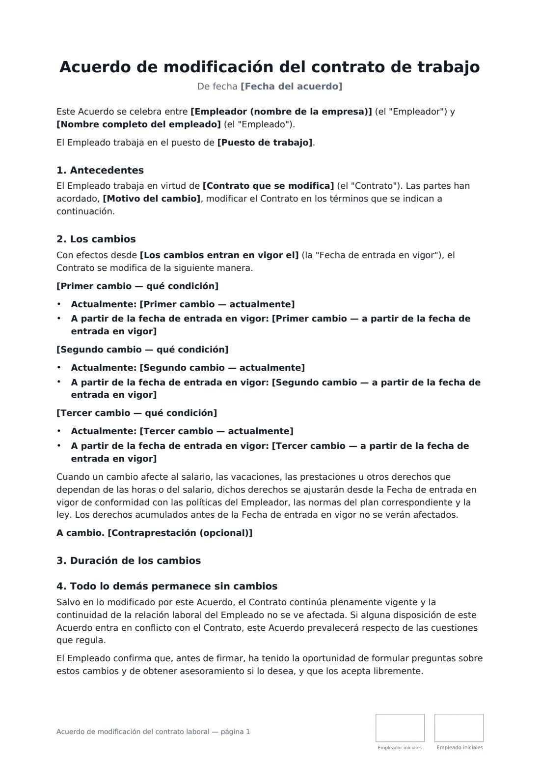 Acuerdo de modificación del contrato laboral: página 1 de 2