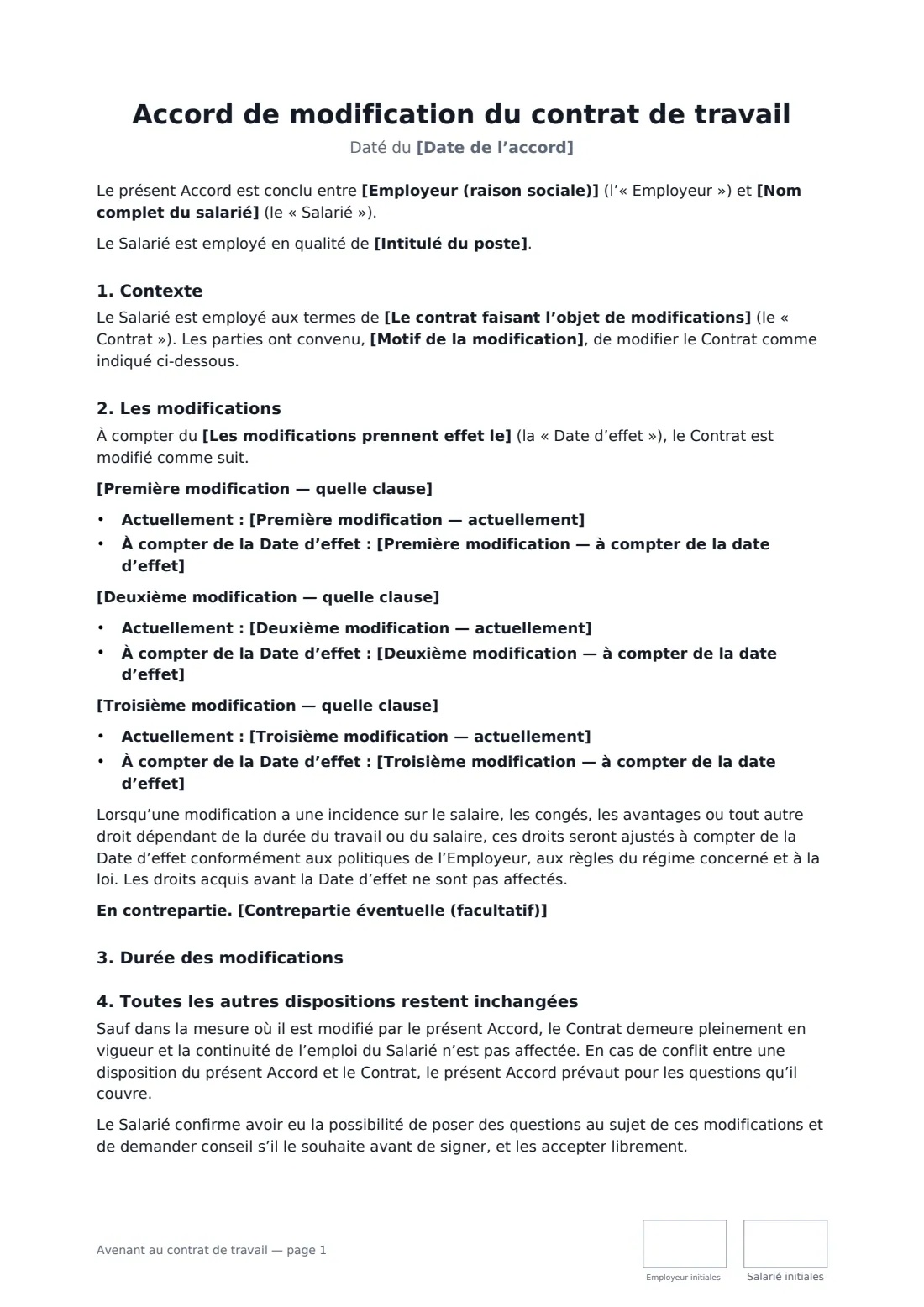 Avenant au contrat de travail — page 1 sur 2