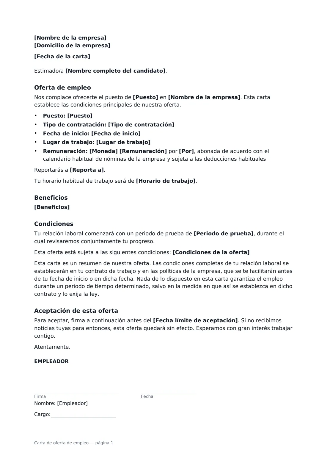 Carta de oferta de empleo: página 1 de 2