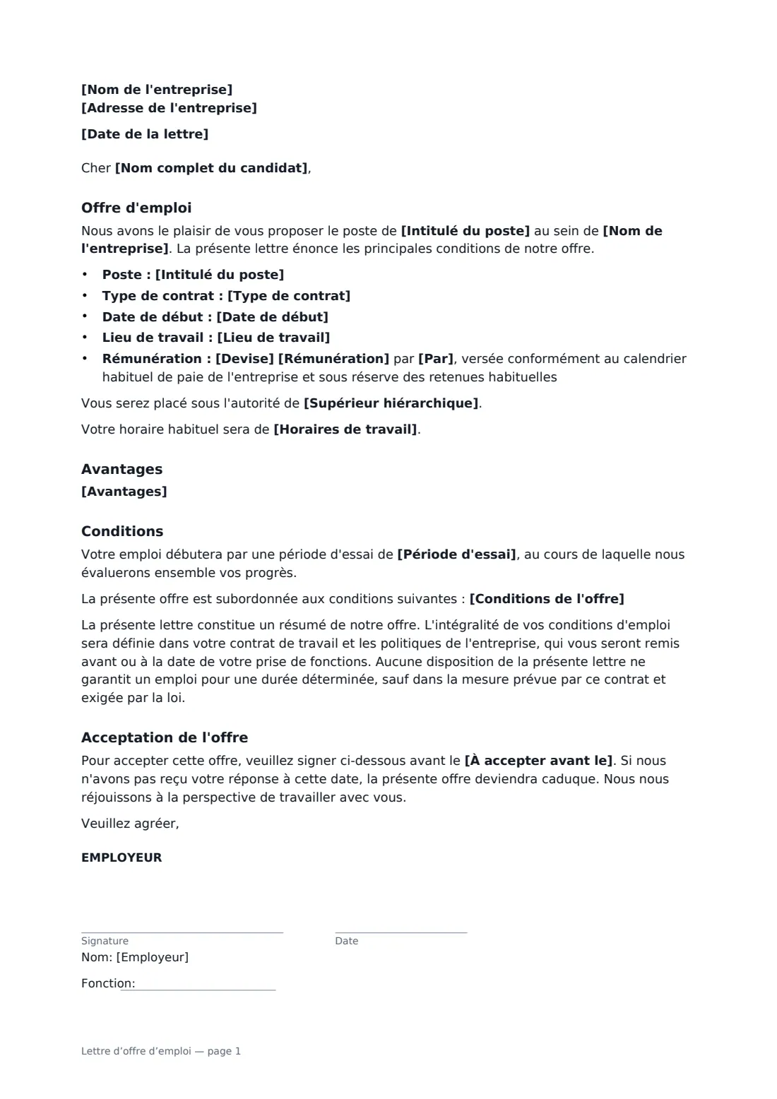 Lettre d’offre d’emploi — page 1 sur 2