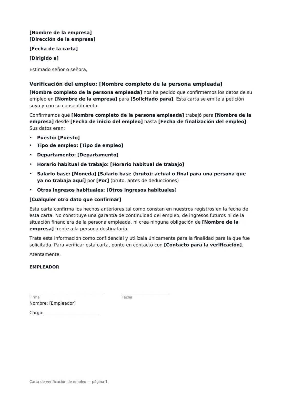 Carta de verificación de empleo: página 1 de 1