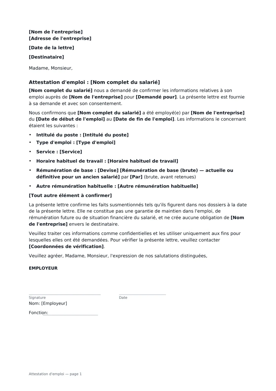 Attestation d'emploi — page 1 sur 1