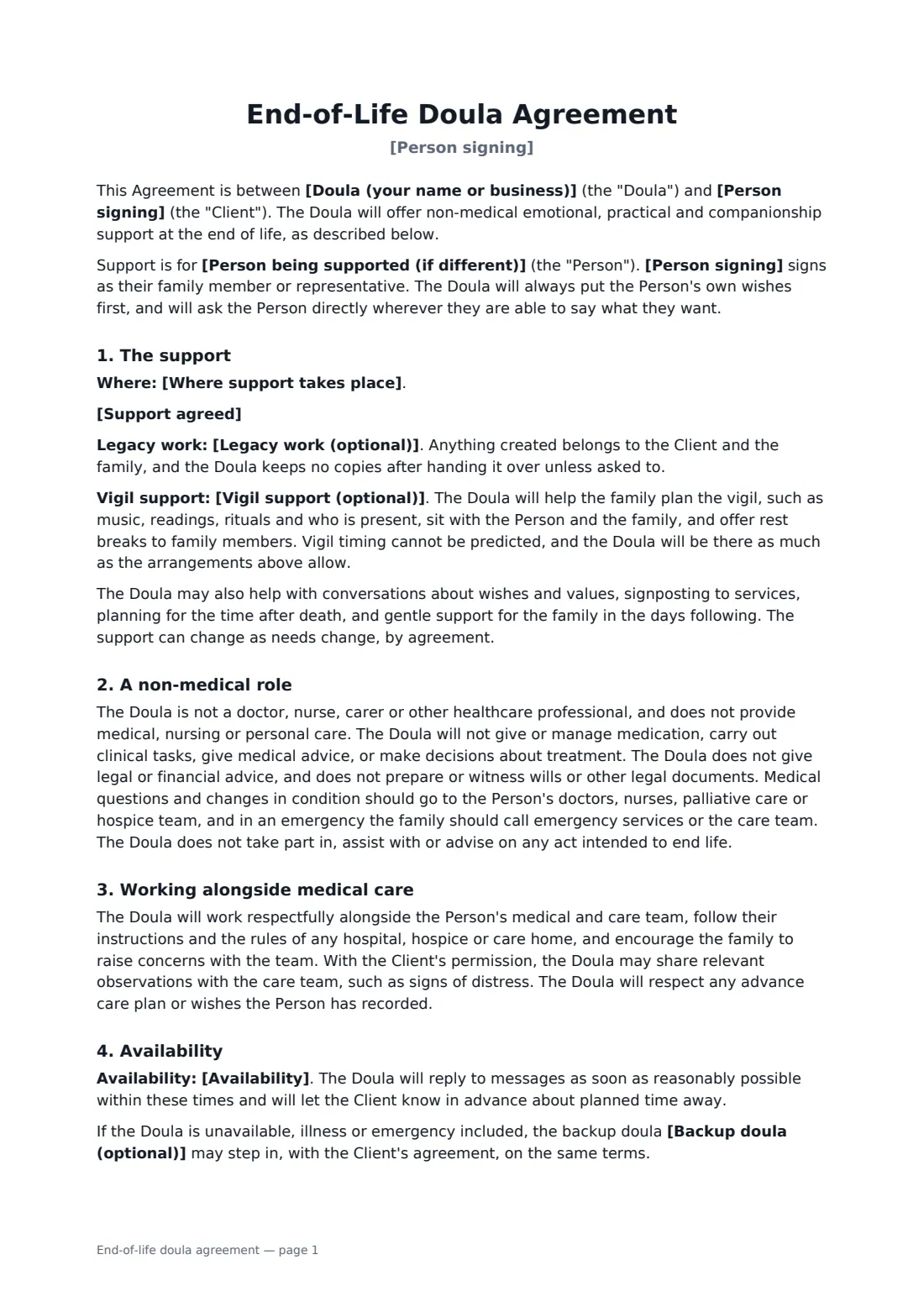 End-of-life doula agreement — page 1 of 2