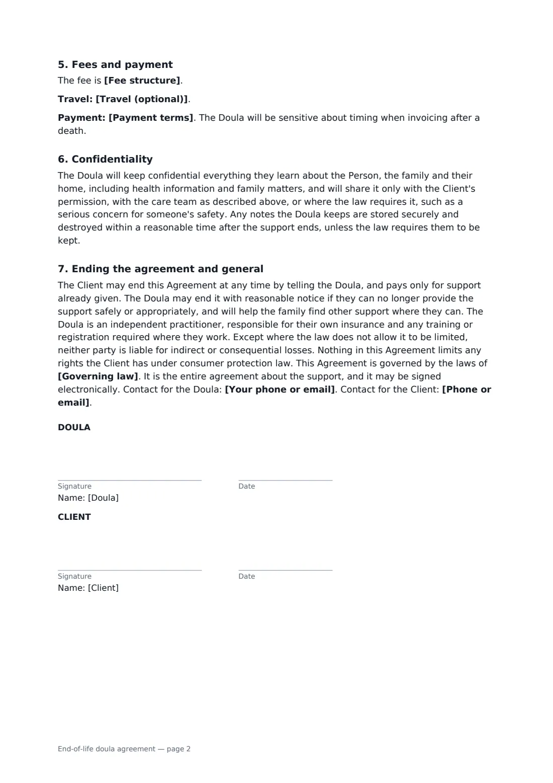 End-of-life doula agreement — page 2 of 2