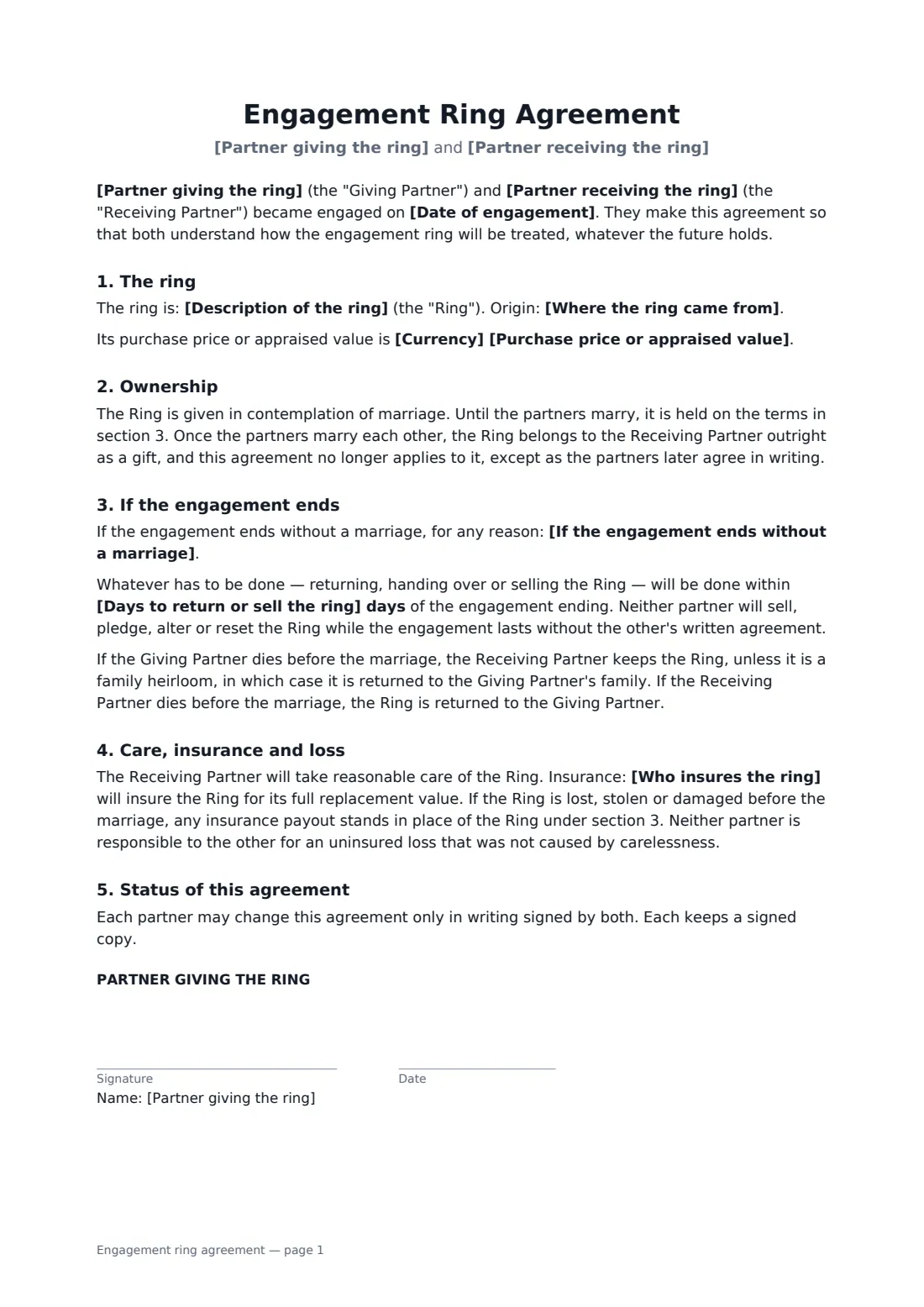 Engagement ring agreement — page 1 of 2