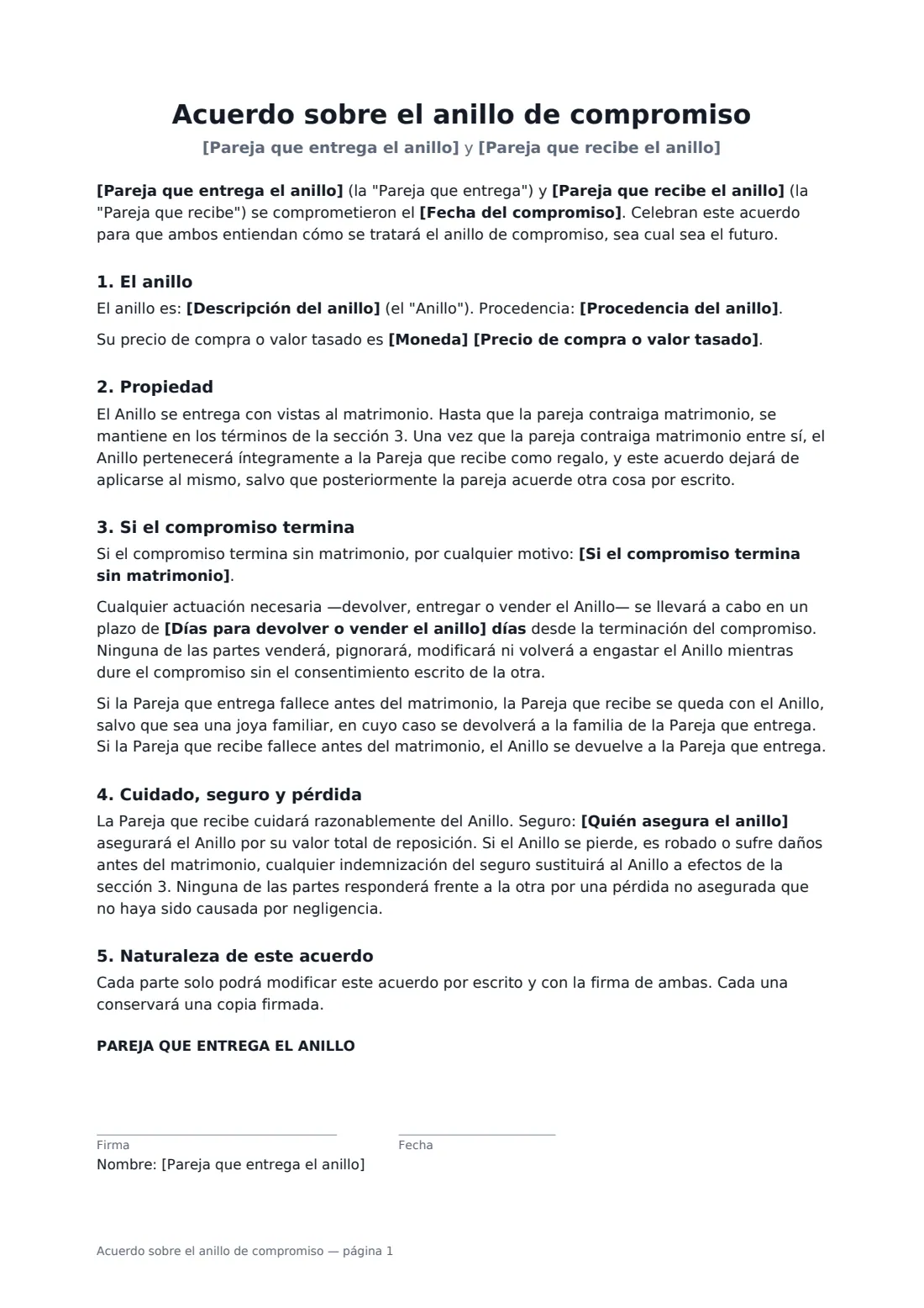 Acuerdo sobre el anillo de compromiso: página 1 de 2