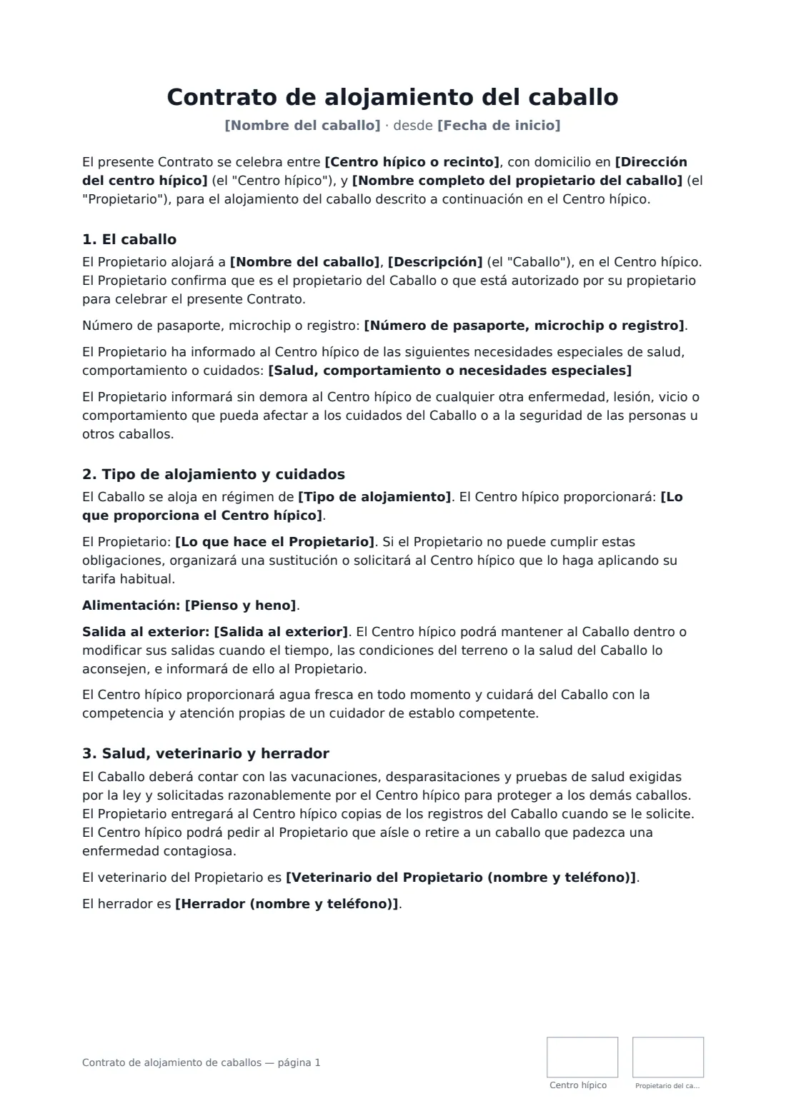 Contrato de alojamiento de caballos: página 1 de 3