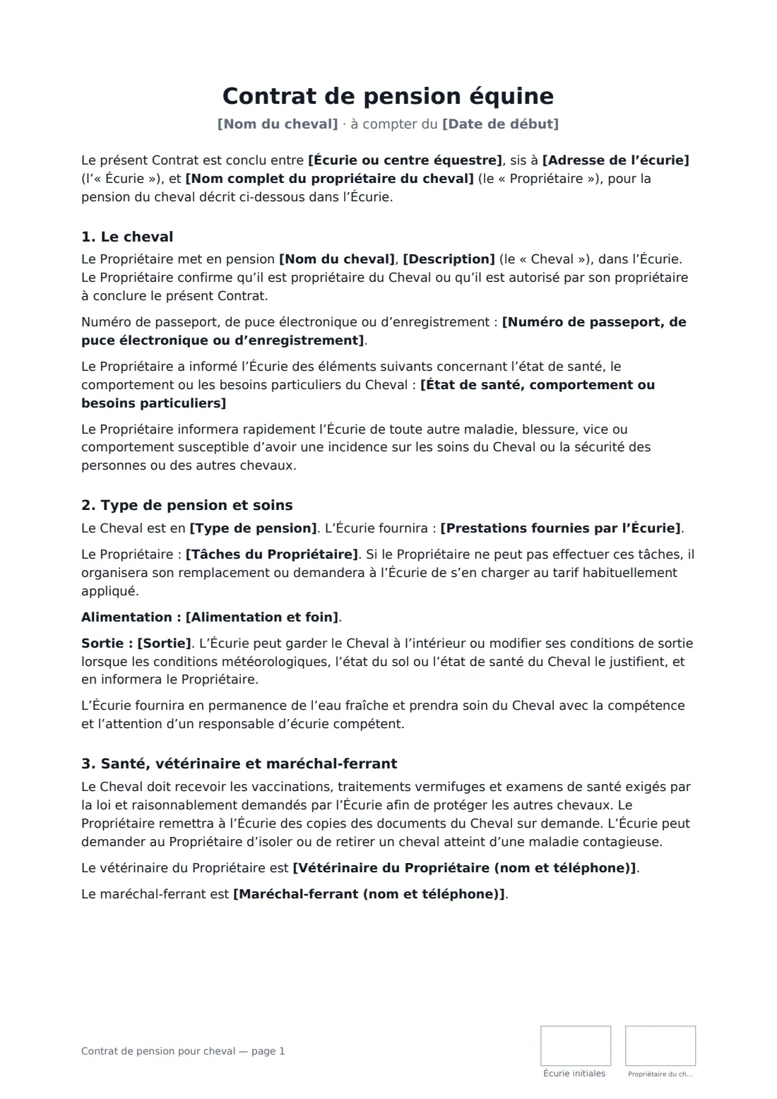 Contrat de pension pour cheval — page 1 sur 3