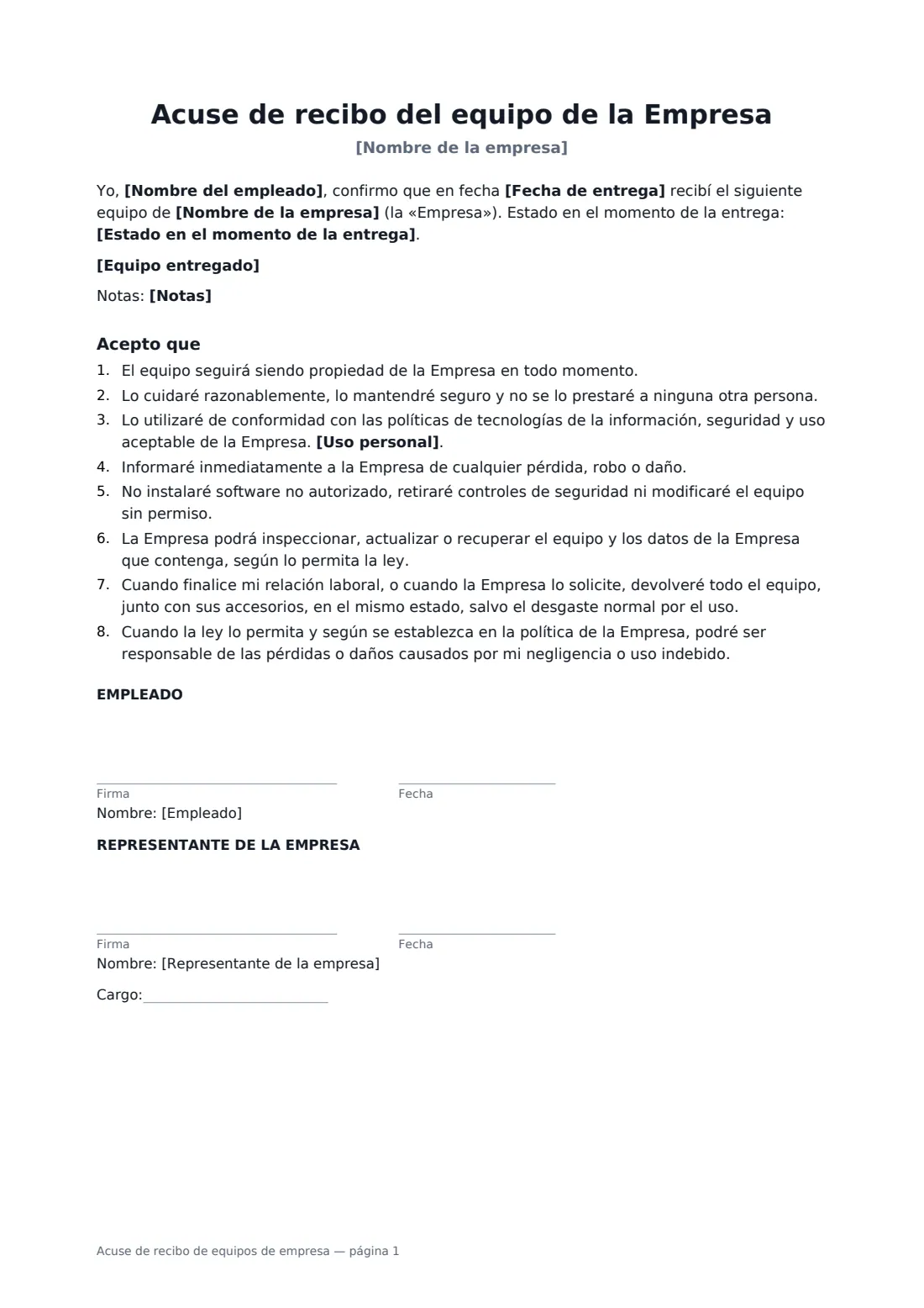 Acuse de recibo de equipos de empresa: página 1 de 1