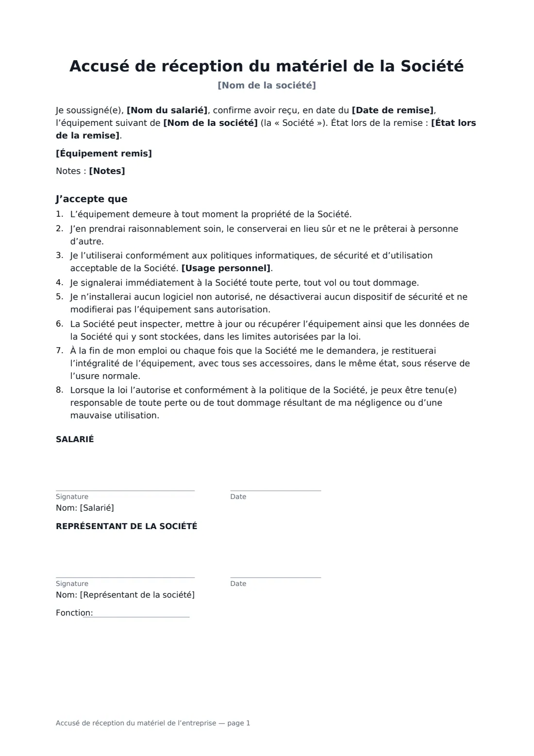 Accusé de réception du matériel de l’entreprise — page 1 sur 1