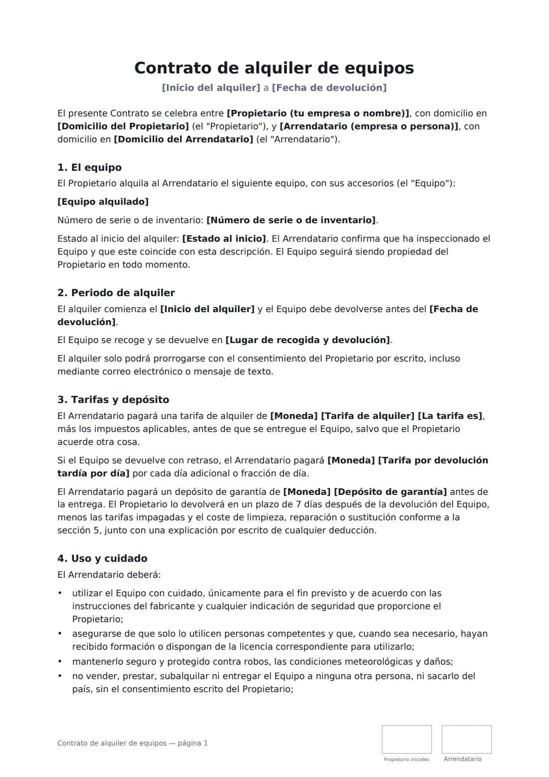 Contrato de alquiler de equipos: página 1 de 3