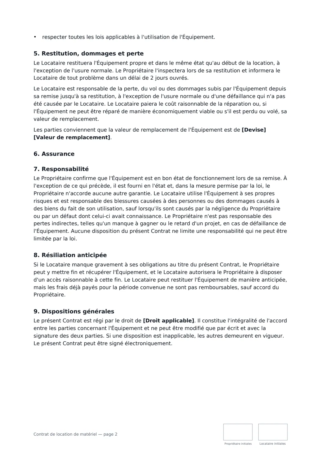 Contrat de location de matériel — page 2 sur 3