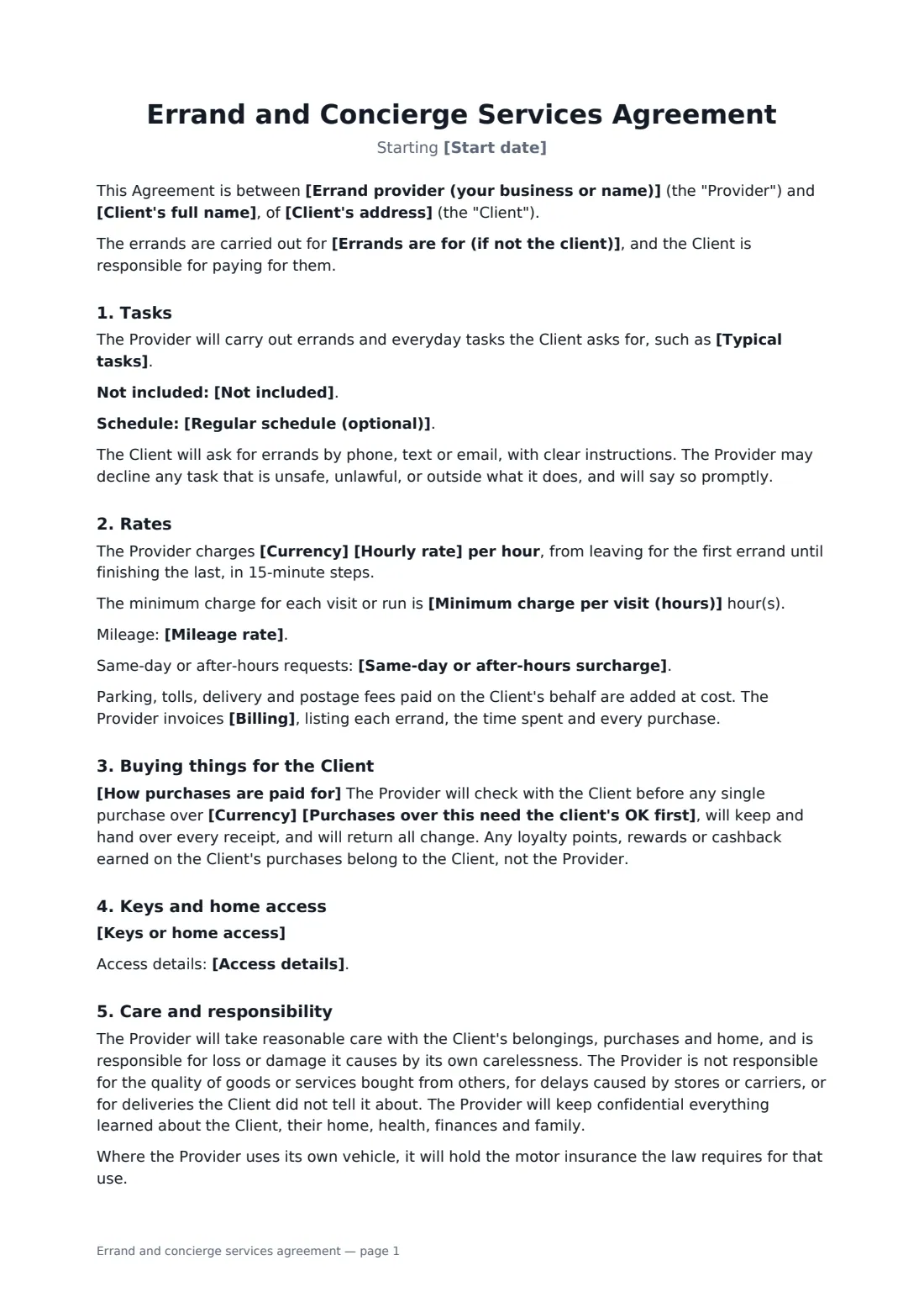Errand and concierge services agreement — page 1 of 2