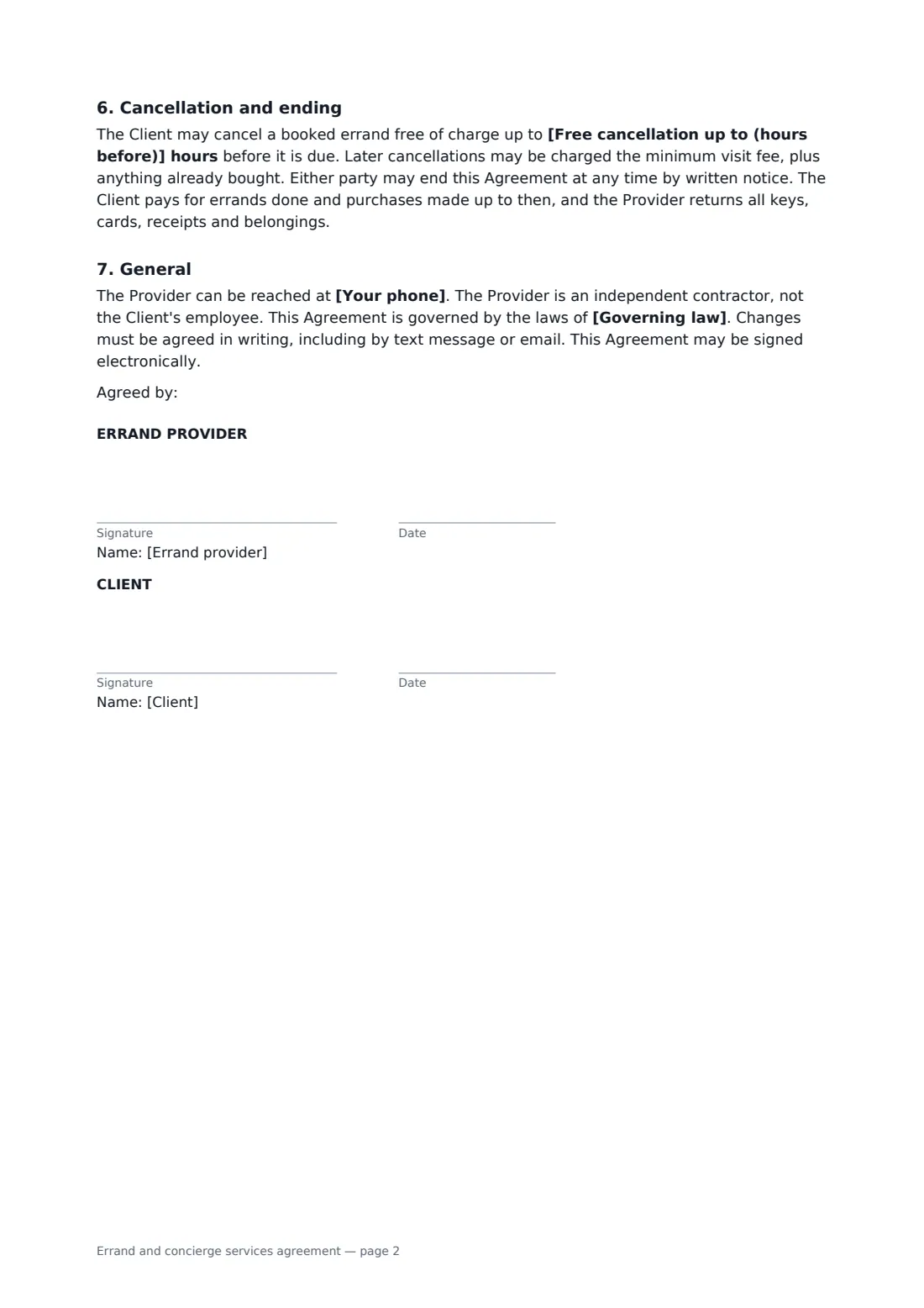 Errand and concierge services agreement — page 2 of 2