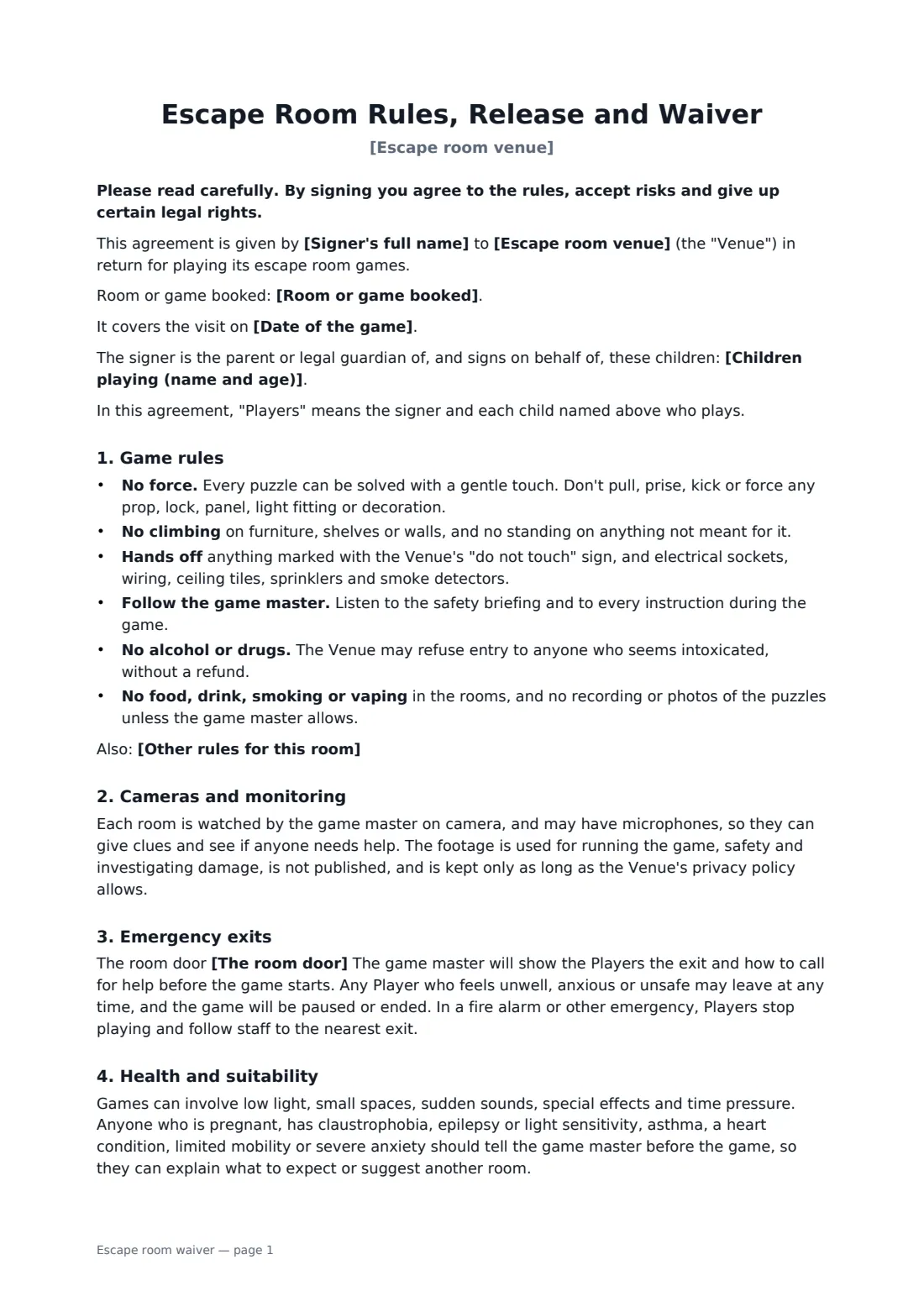 Escape room waiver — page 1 of 2