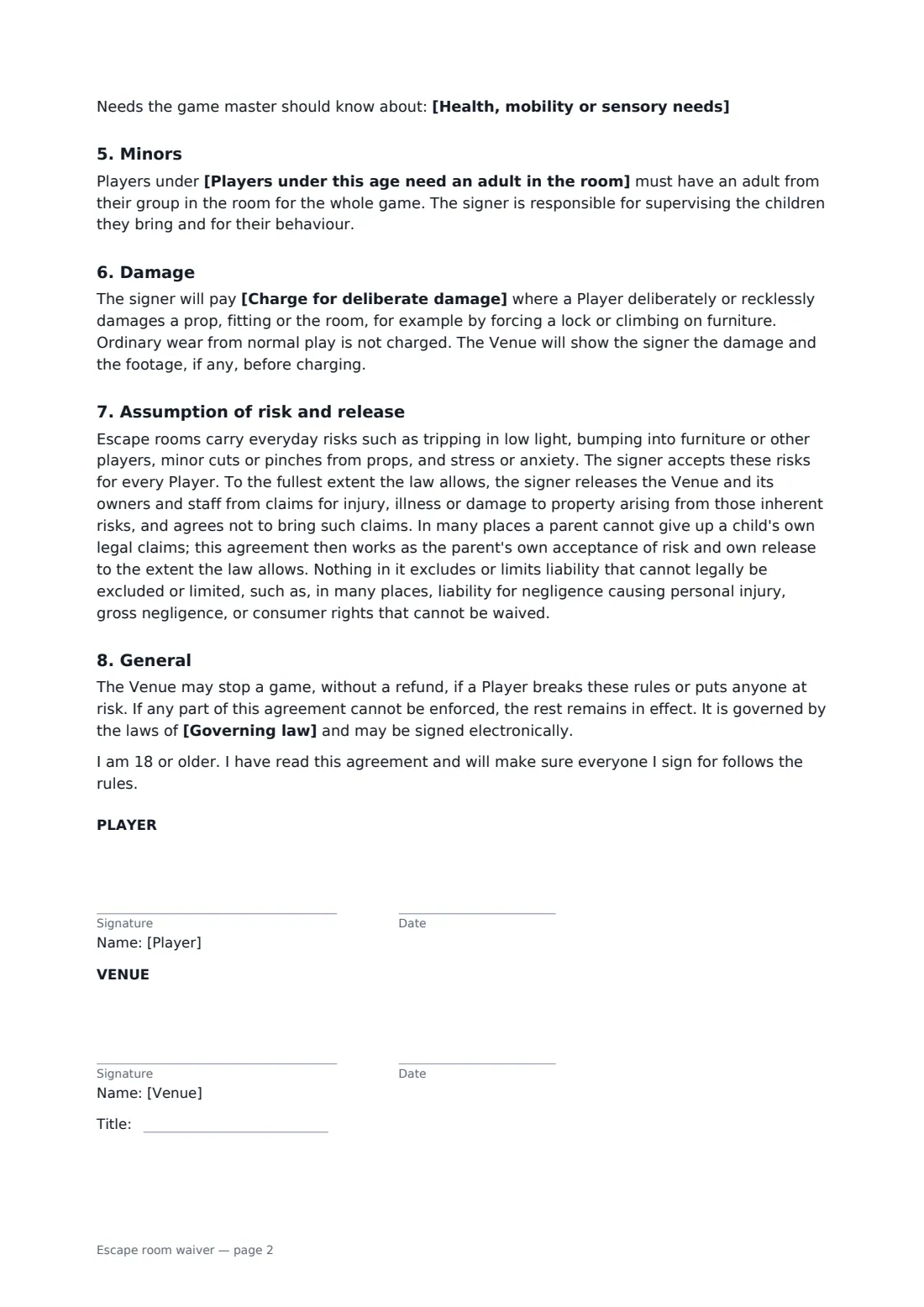 Escape room waiver — page 2 of 2