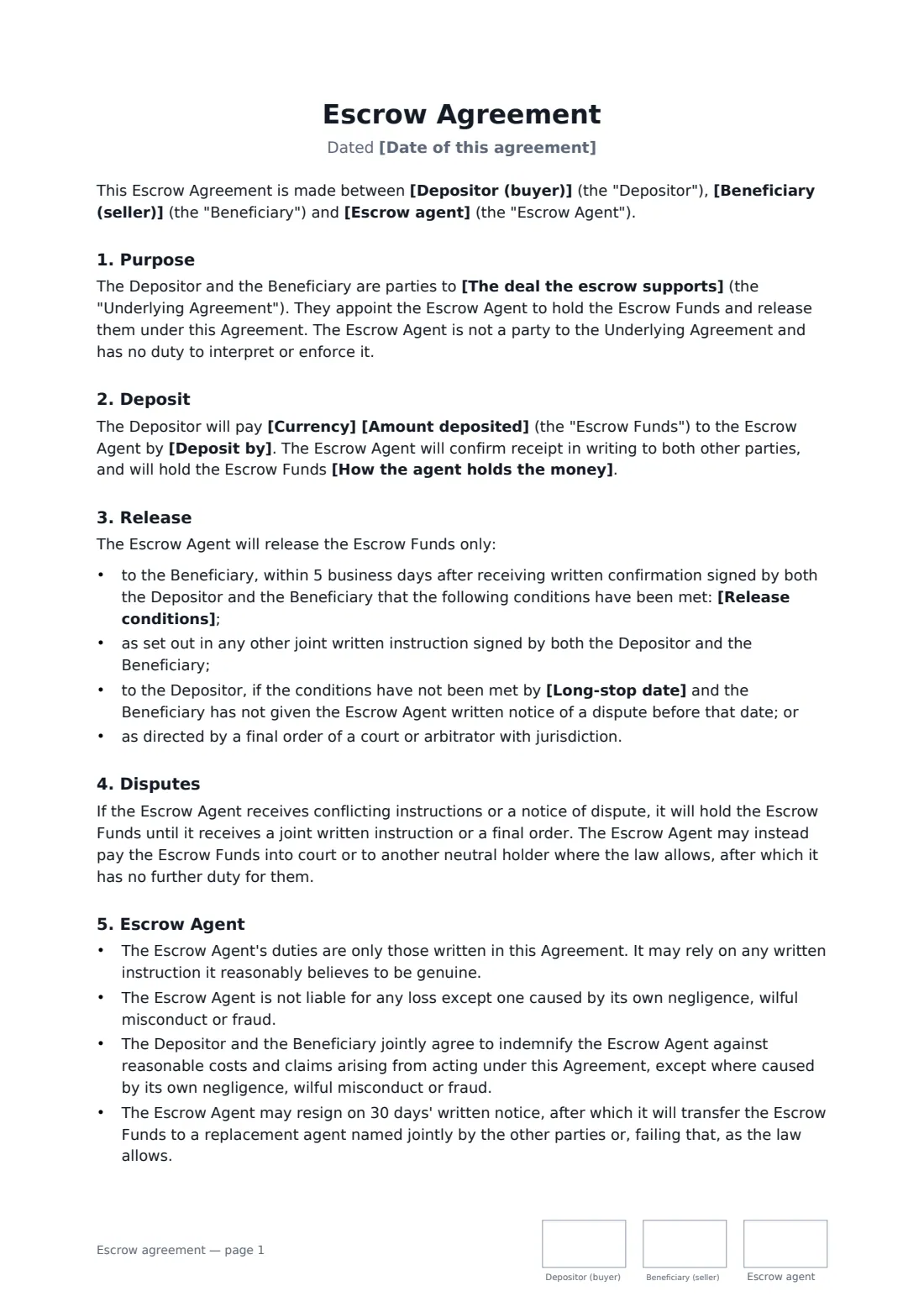 Escrow agreement — page 1 of 2