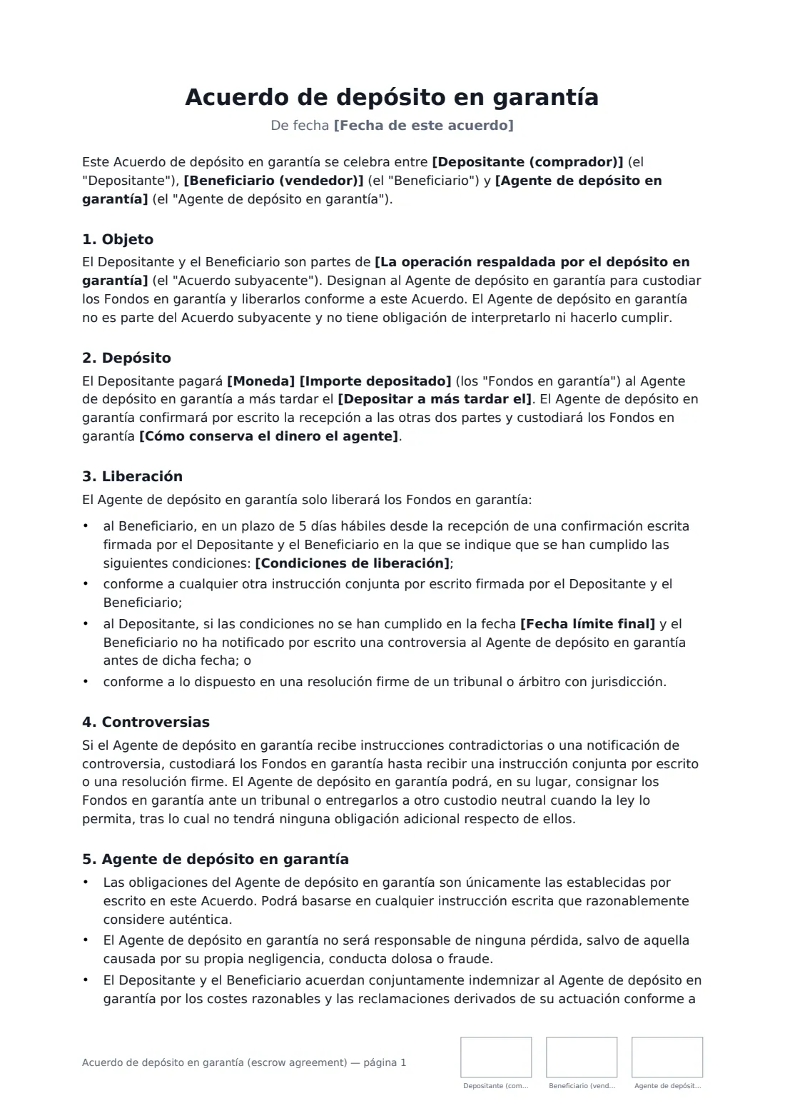 Acuerdo de depósito en garantía (escrow agreement): página 1 de 3