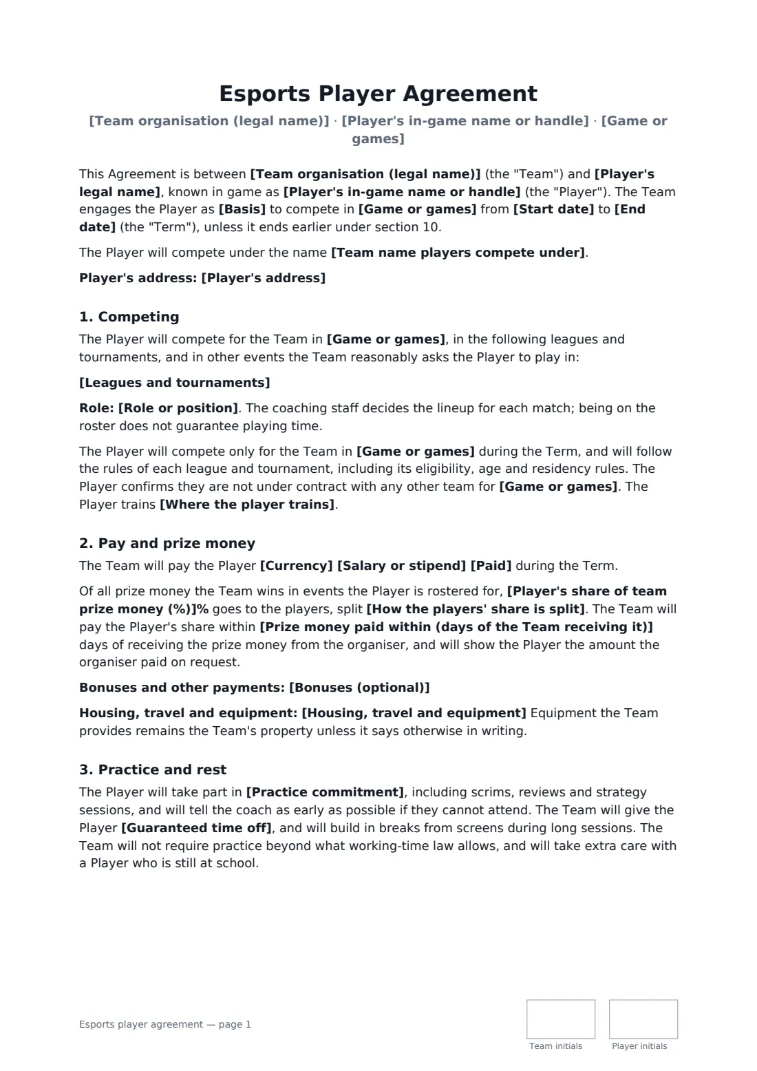 Esports player agreement — page 1 of 3
