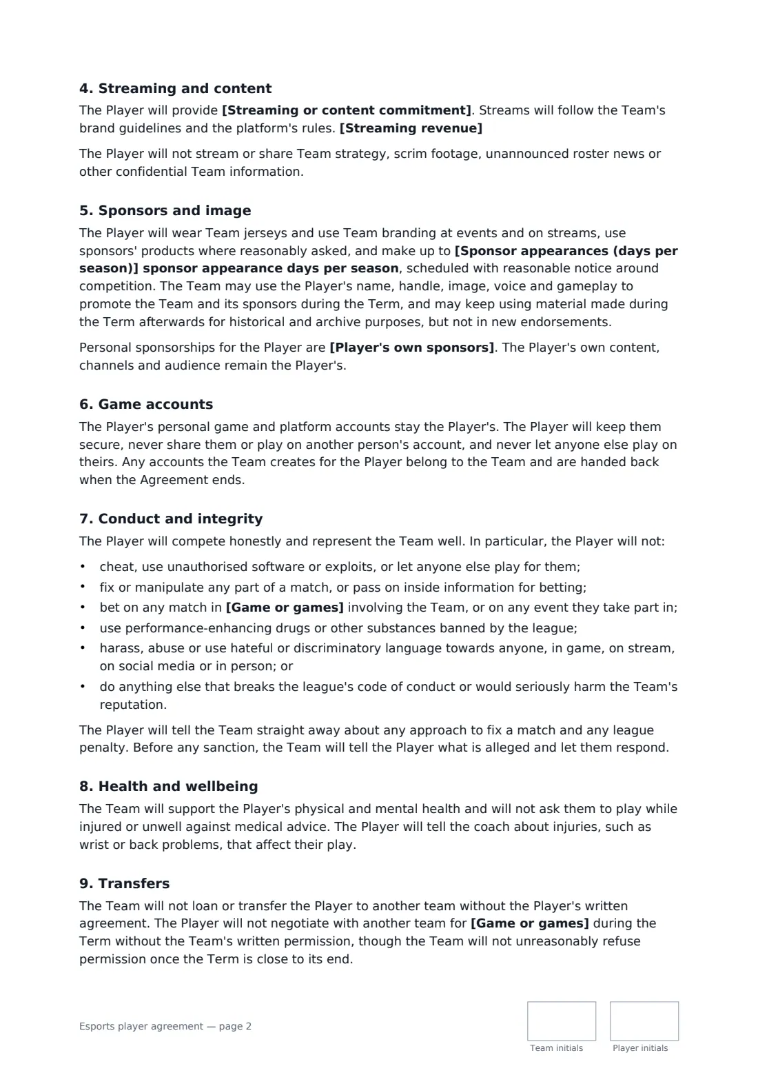 Esports player agreement — page 2 of 3