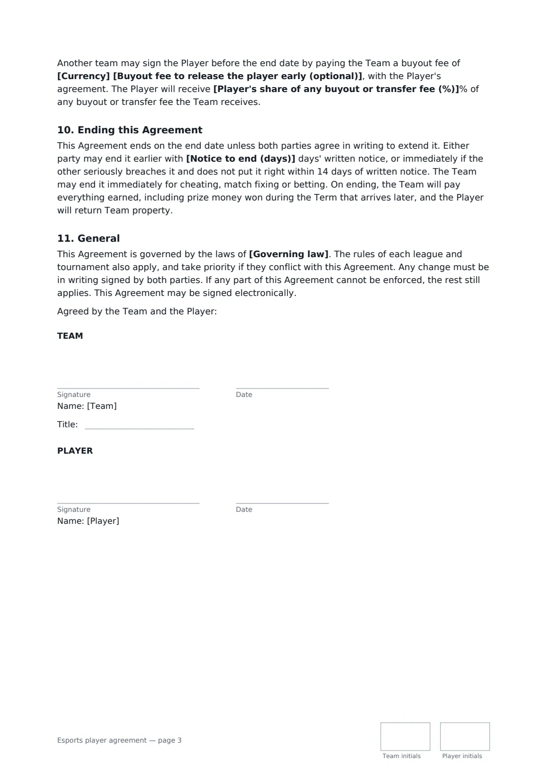 Esports player agreement — page 3 of 3