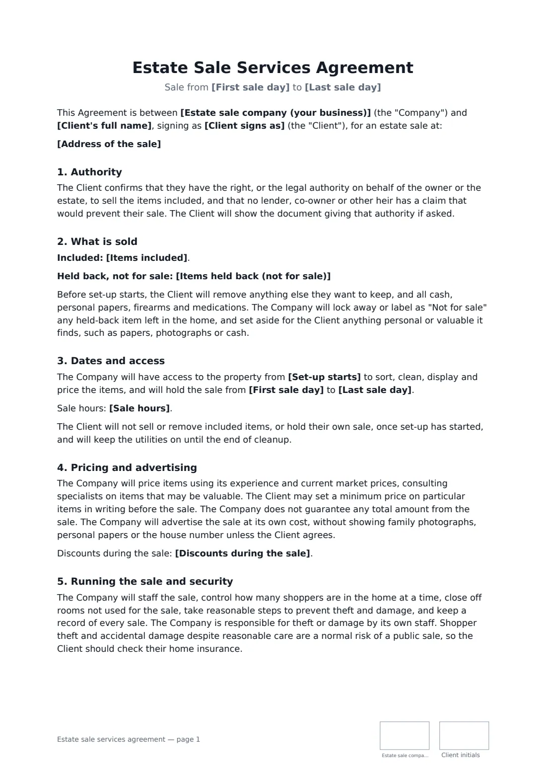 Estate sale services agreement — page 1 of 2