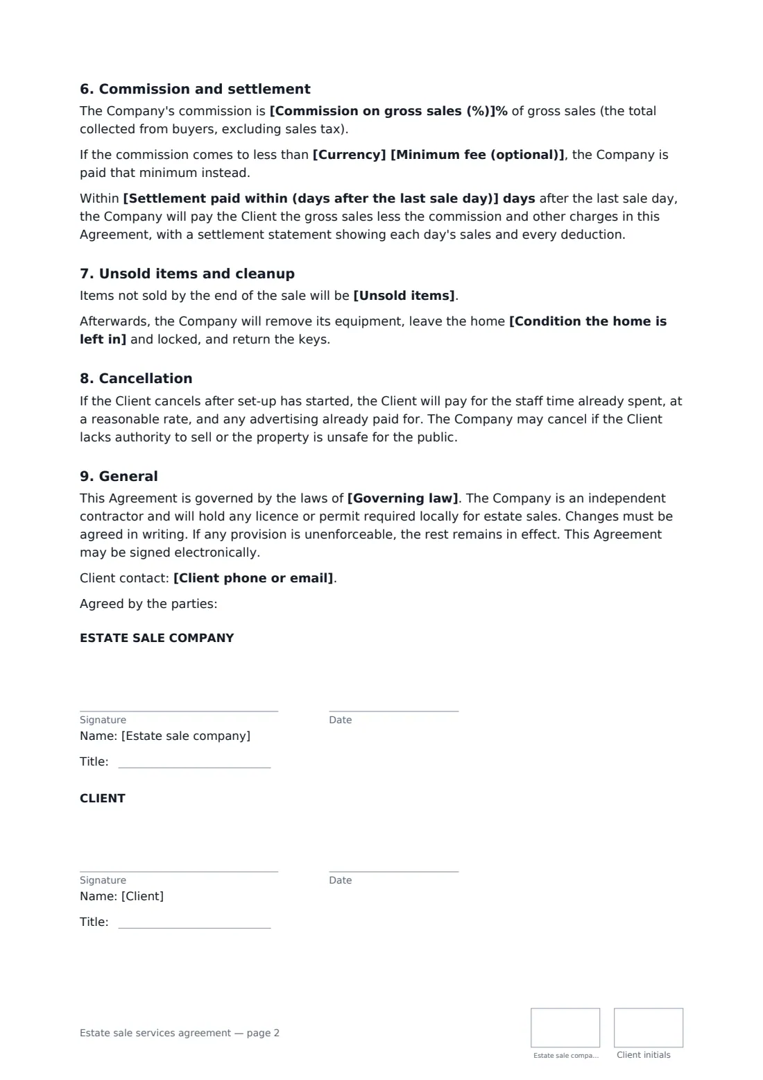 Estate sale services agreement — page 2 of 2