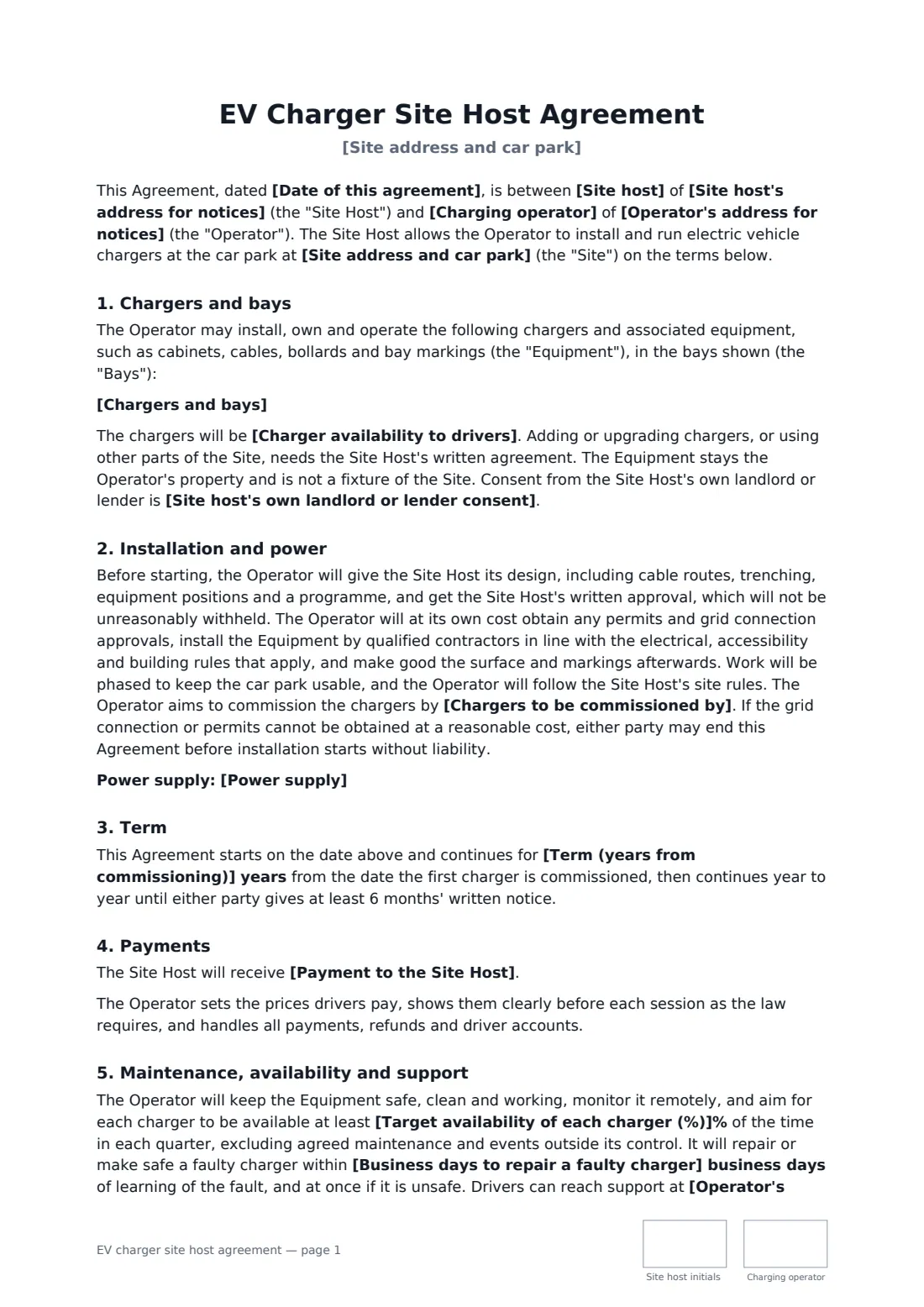 EV charger site host agreement — page 1 of 3