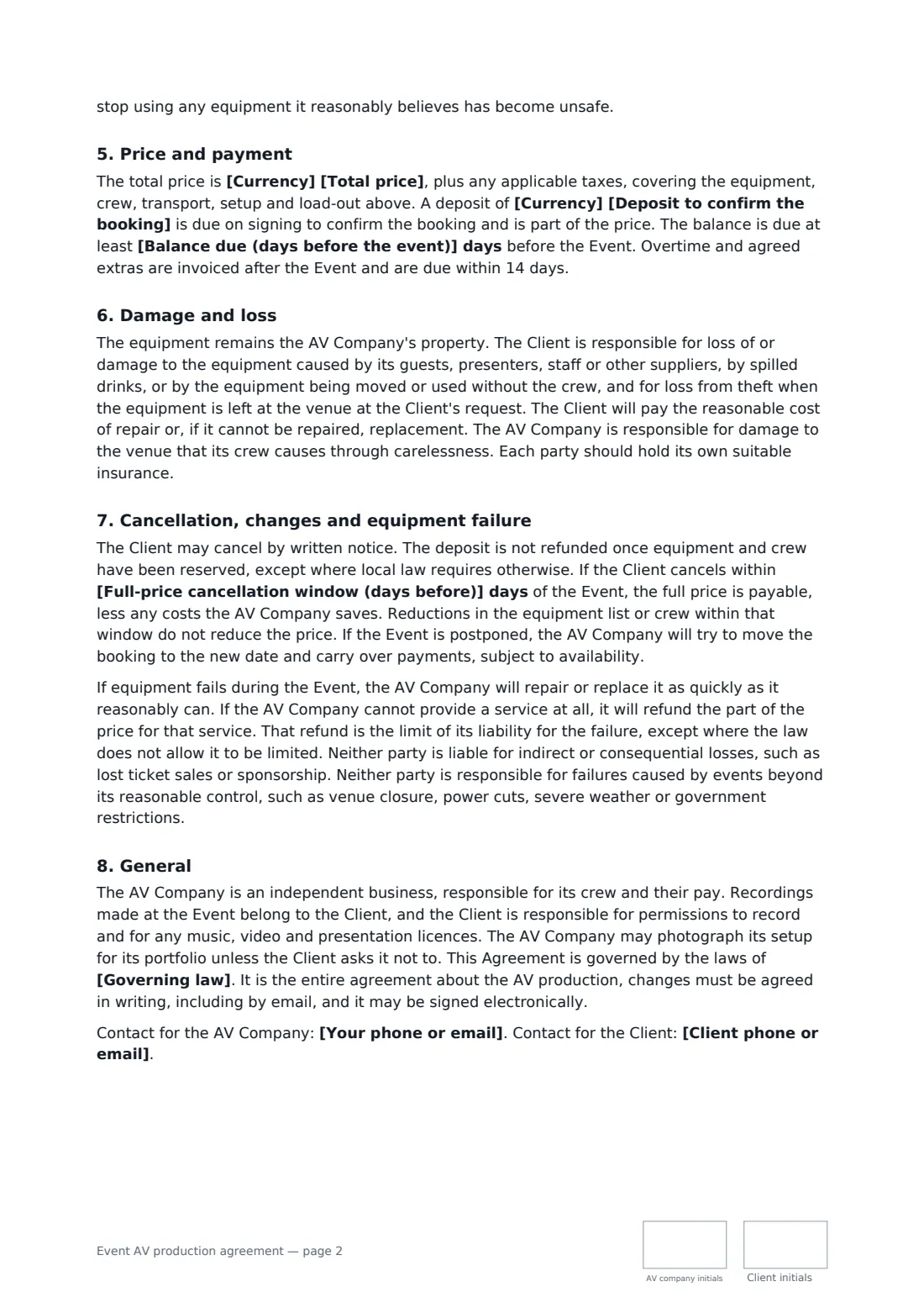Event AV production agreement — page 2 of 3