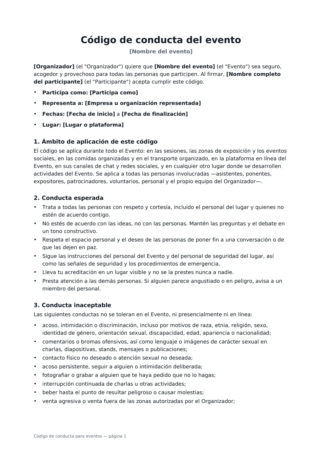 Código de conducta para eventos: página 1 de 3