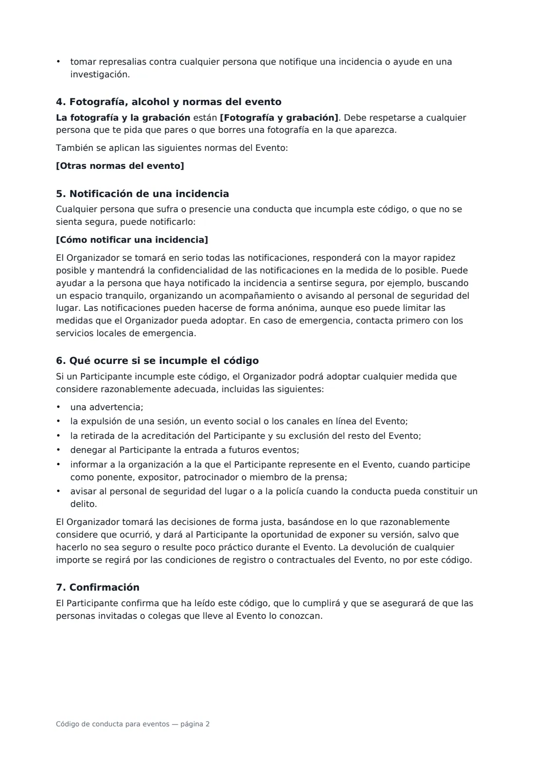 Código de conducta para eventos: página 2 de 3